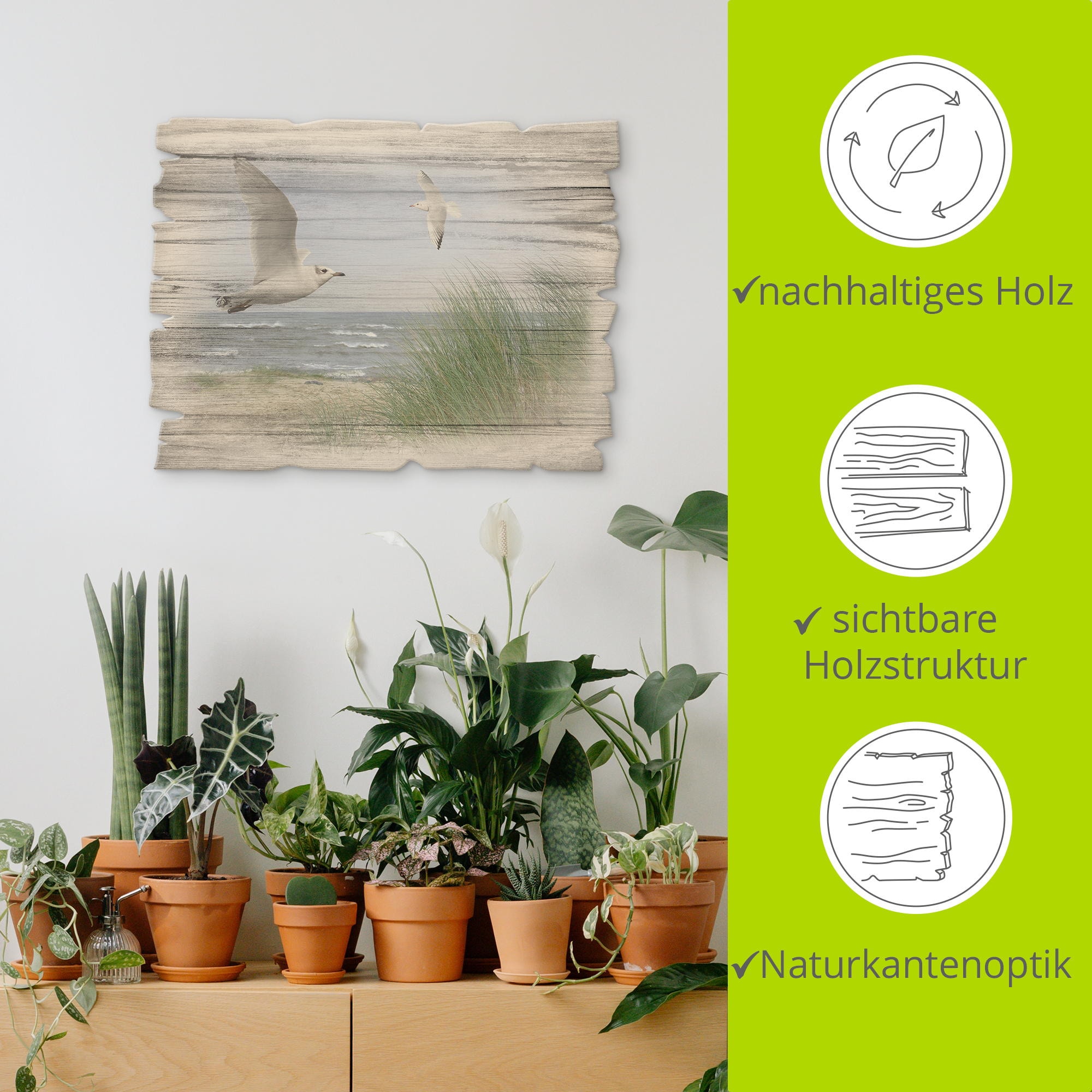 Artland Tableau en bois »Nordseestrand mit Möwen« 1 cuis tlg.