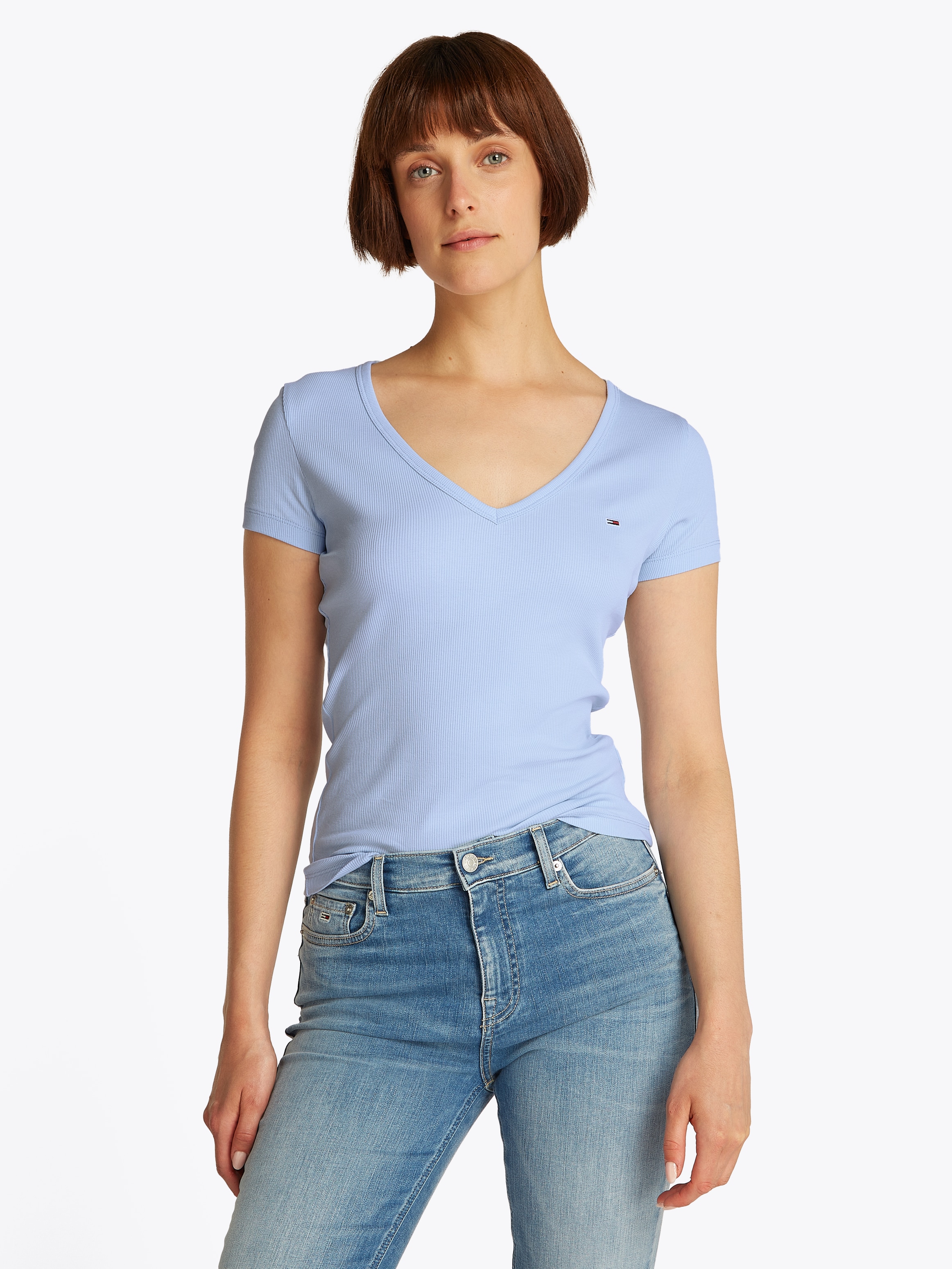 Image of Tommy Jeans Kurzarmshirt "TJW SLIM ESSENTIAL RIB V SHORT SLEEVE" mit gerippter Struktur, V-Ausschnitt, Slim Fit