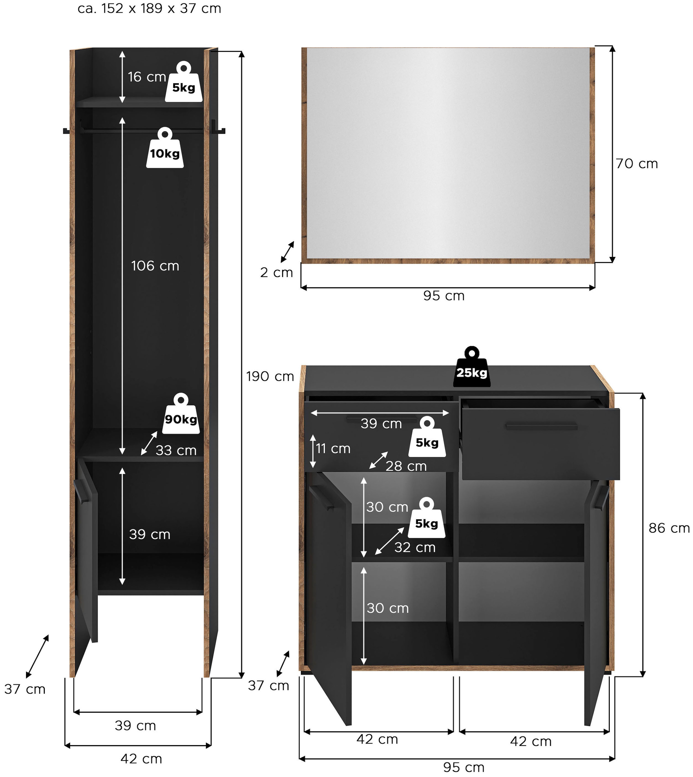 Home affaire Ensemble de vestiaires »MUSTA, 3-teilig: Garderobenschrank, Kommode & Garderobenspiegel«