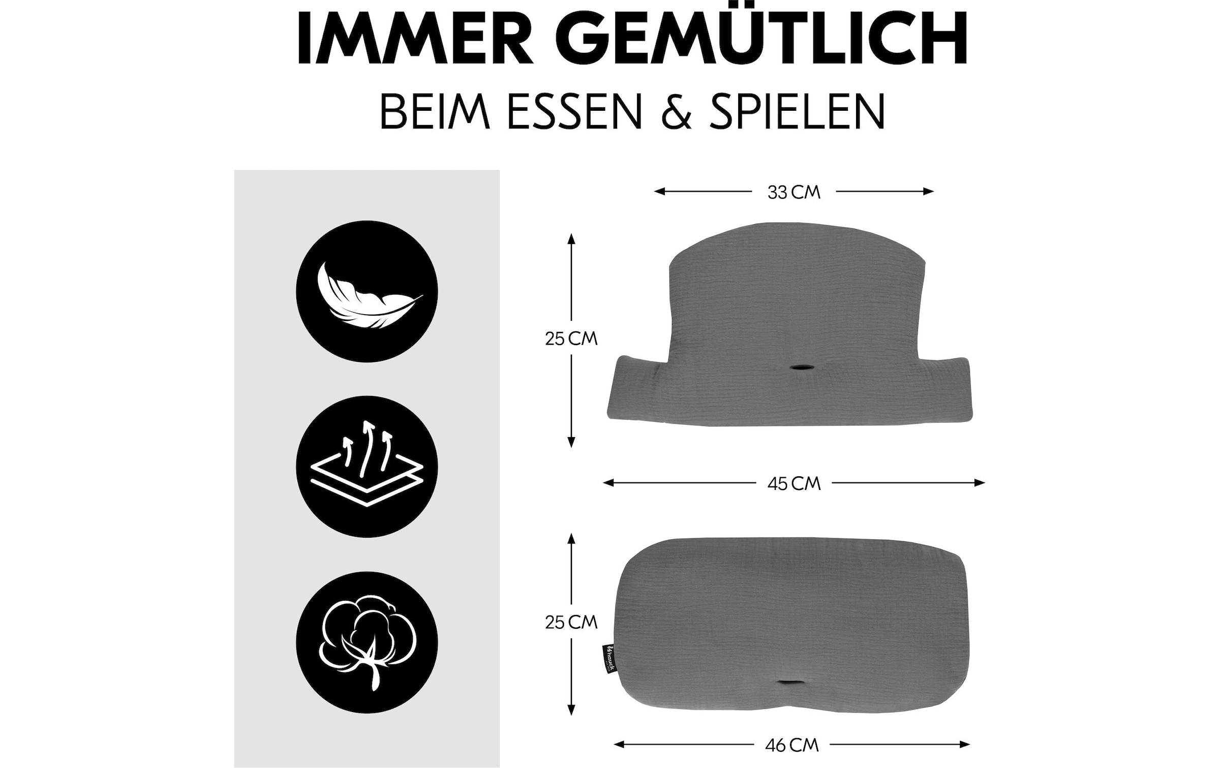 Hauck Housse de siège pour enfant »Highchair Pad Select Muslin, dark Grey« pour les chaises hautes en bois hauck Alpha+, Beta+ et Arketa