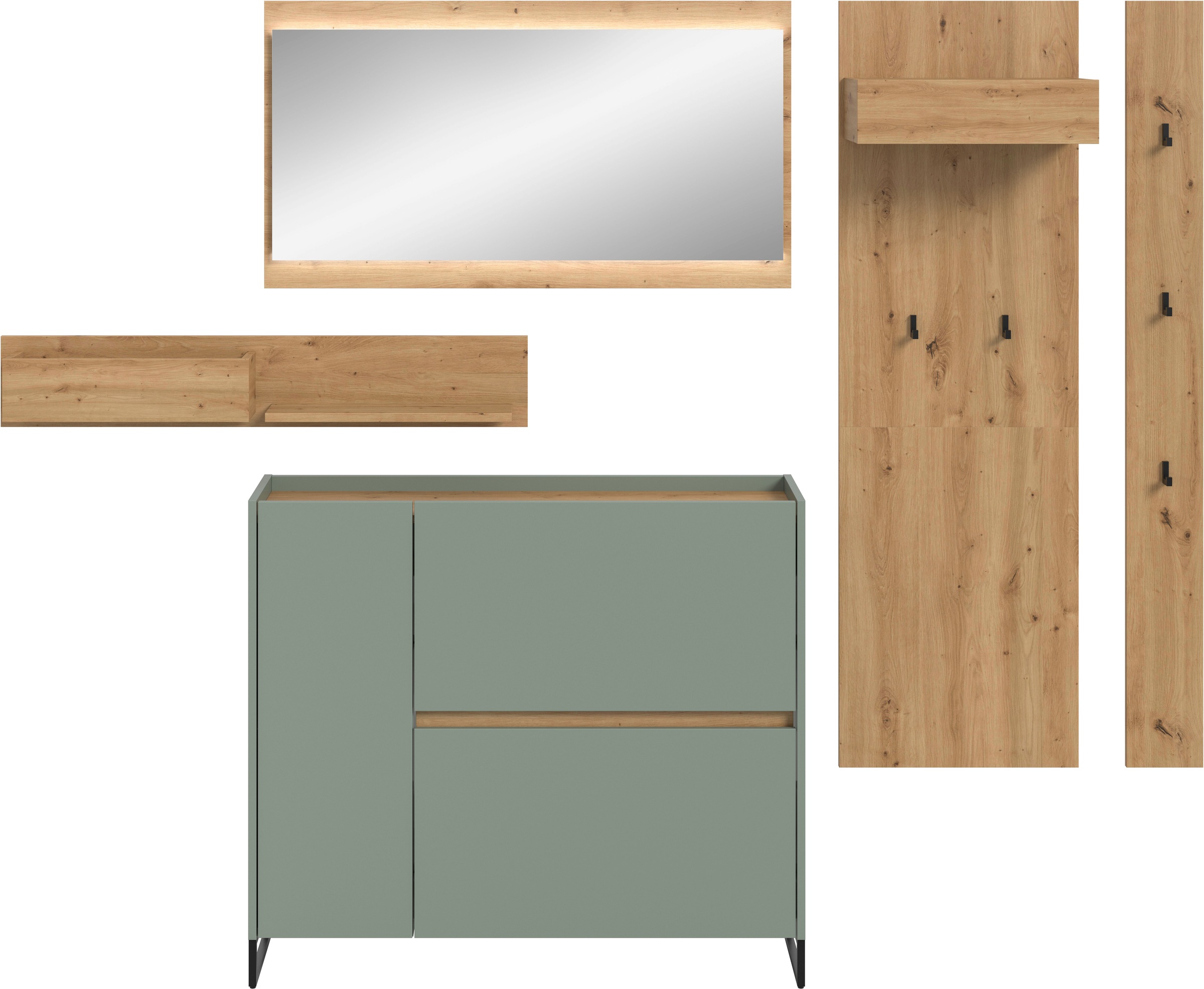 Home affaire Ensemble de vestiaires »EVRID, 5-teilig, Breite 236 cm, inkl. Beleuchtung« best. aus: Wandboard, Kommode, Spiegel, Garderobenpaneel, Hakenleiste, 5 cuis tlg.