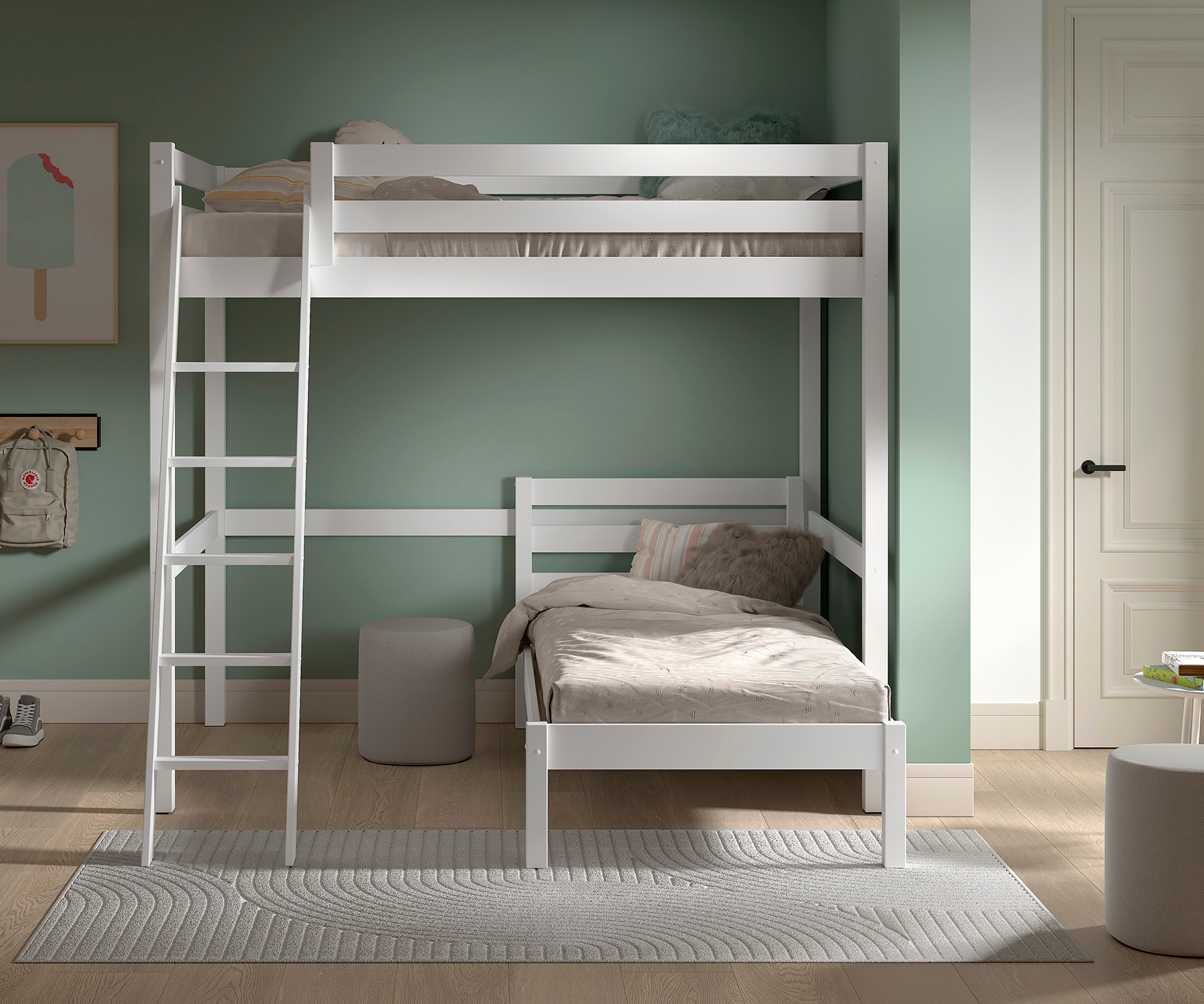 Vipack Lit superposé »mit 2 Liegeflächen 140+90/200 Made in Europe, Kiefer massiv weiss« L/H/P env. 209,4x190x214,7 cm, échelle inclinée, construction solide,  espace sous le lit utilisable, lit simple séparé