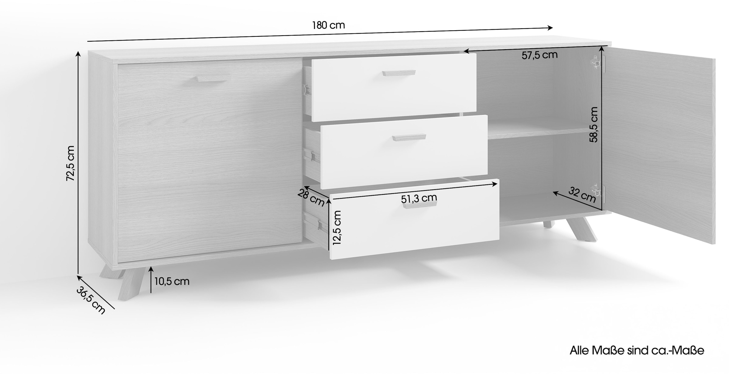 byLIVING Sideboard »Bastian« 1 cuis tlg. mit massiven Holzfüssen und Griffen, natürlicher Eichenlook, 180cm