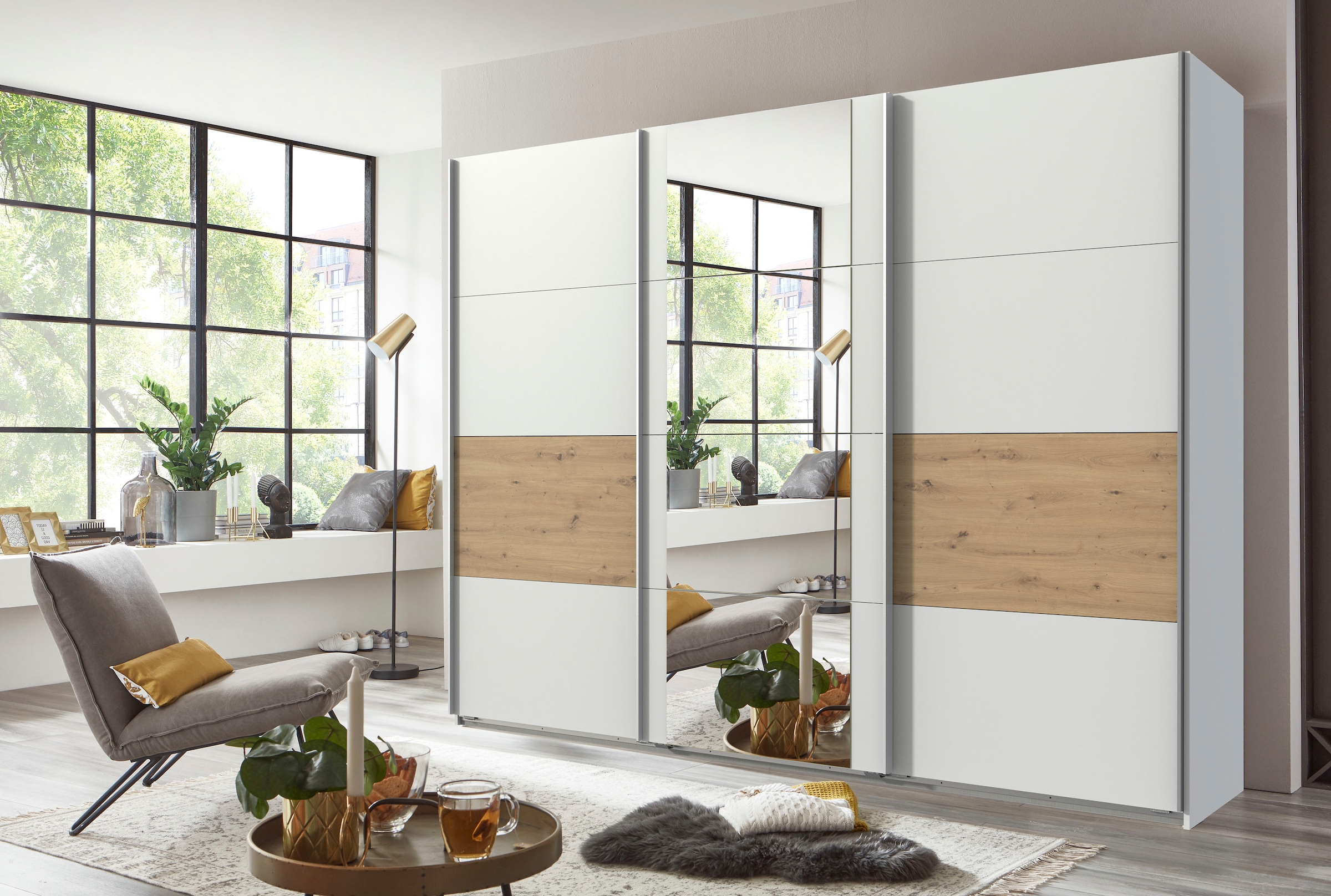 Wimex Schwebetürenschrank »Barmbek Schlafzimmerschrank BESTSELLER Garderobenschrank«, Kleiderschrank mit 2 Stoffboxen und 2 zusätzlichen Böden, Spiegeltür