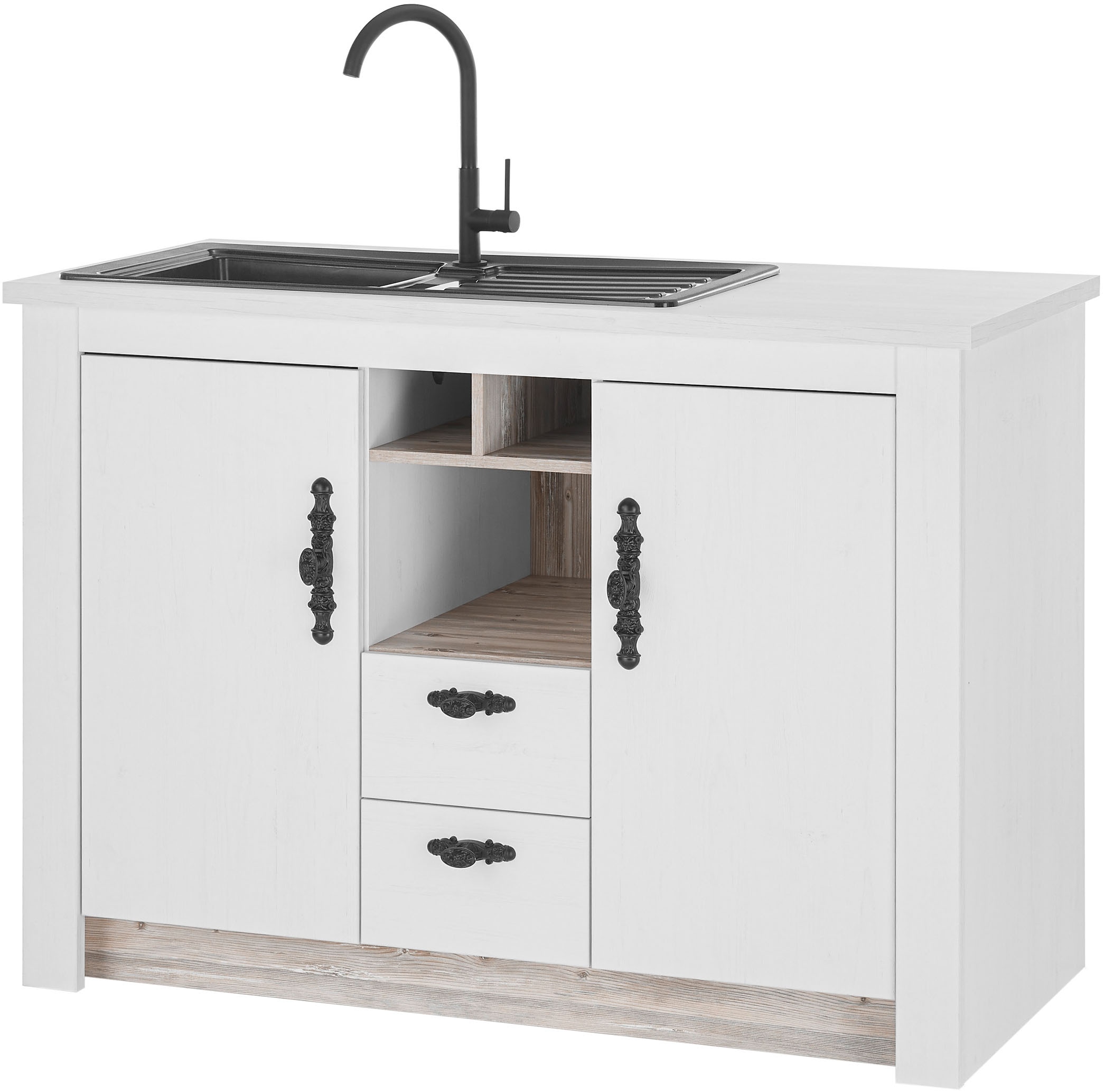 Home affaire Spülenschrank »Florenz, Küchenunterschrank in Pinie Weiss, Unterschrank«, mit verschnörkeltem Metallgriff, im Landhausstil, Arbeitshöhe 92 cm