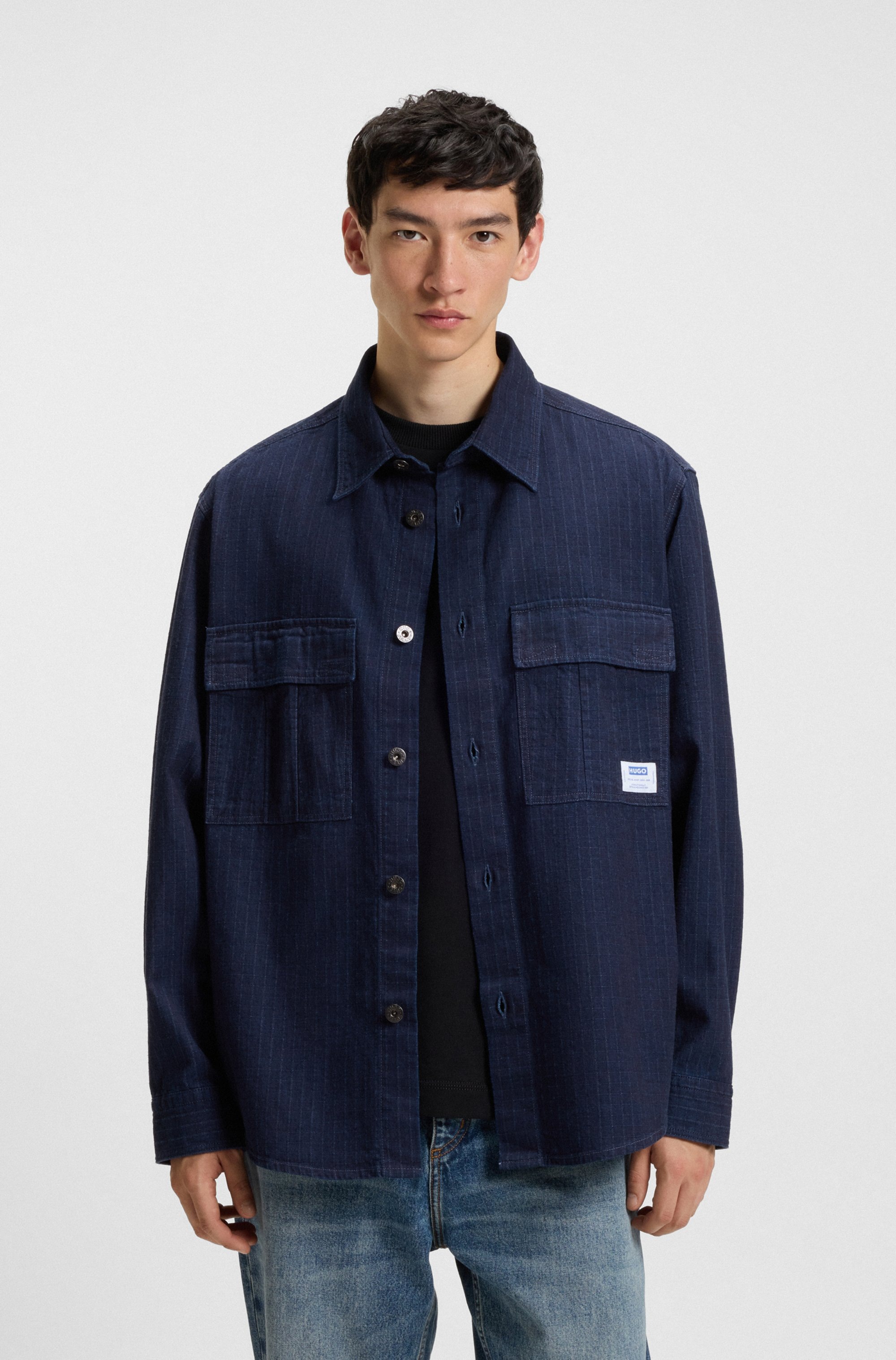 Image of HUGO Langarmhemd "Ebargo" Kentkragen, oversize fit, Denim-Optik