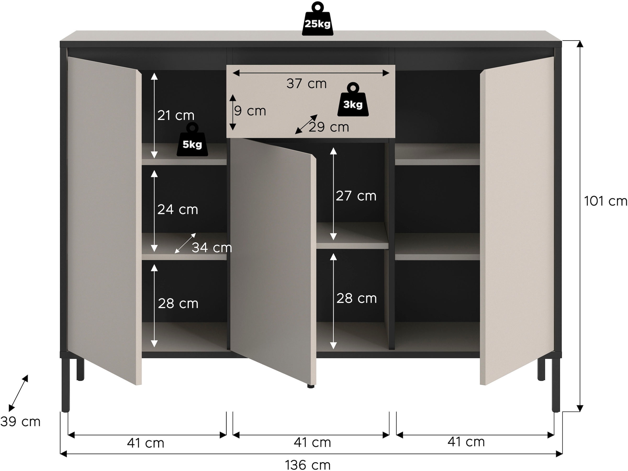INOSIGN Sideboard »NORT, Höhe: 101cm, mit Metall Stabfuss, 3 Türen, 1 Schubkasten« Anrichte, Kommode, Schrank, Board, Higboard