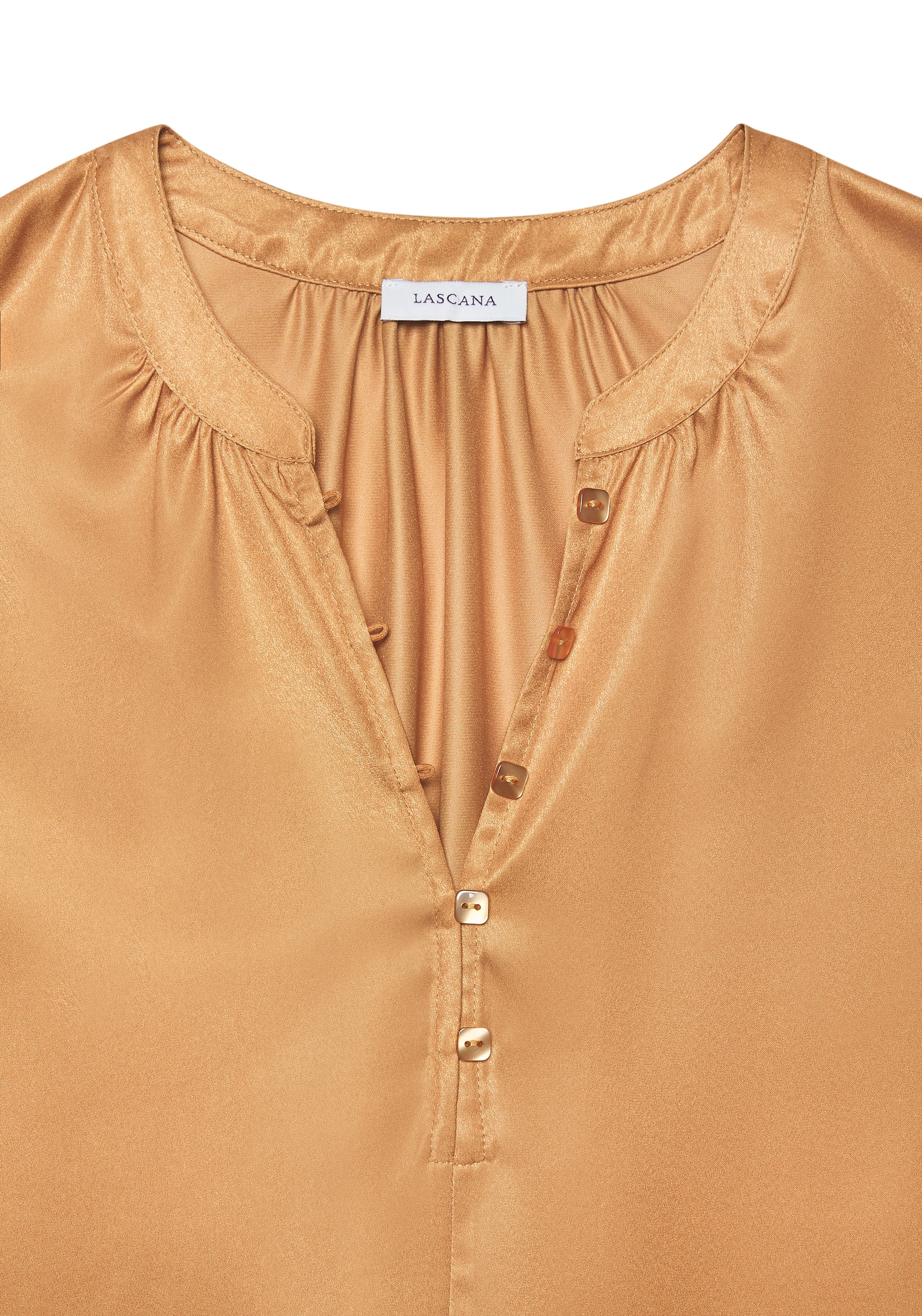 LASCANA Chemise en satin »mit kurzen Ärmeln und kleiner Knopfleiste« Chemisier manches courtes à coupe ample, chemise de fête, chemisier, festif