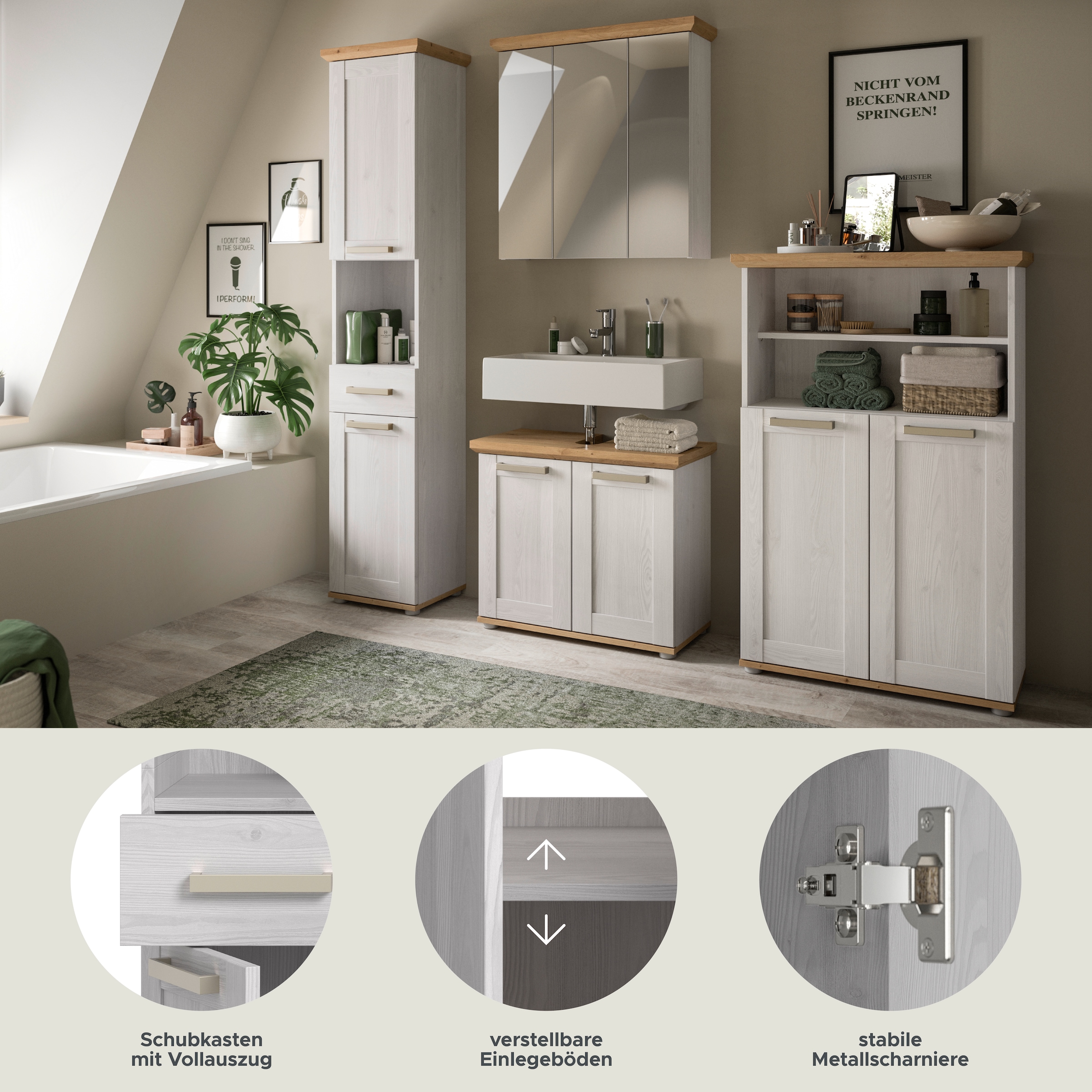 welltime Badmöbel-Set »COSENZA« best. aus: 1Hochschrank, 1Spiegelschrank, 1WBU, 1Midischrank, 4 Stk. tlg.