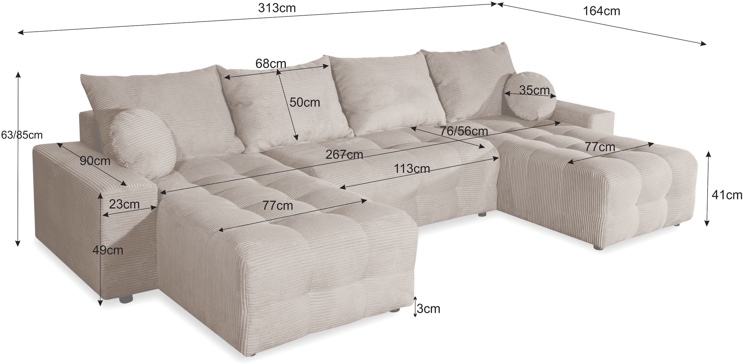 GOODproduct Paysage de salon »Jessy U-Form, B: 313 cm, in Cord & weiteren Bezügen« Fonction couchage, coffre de lit, rembourrage ressorts ensachés