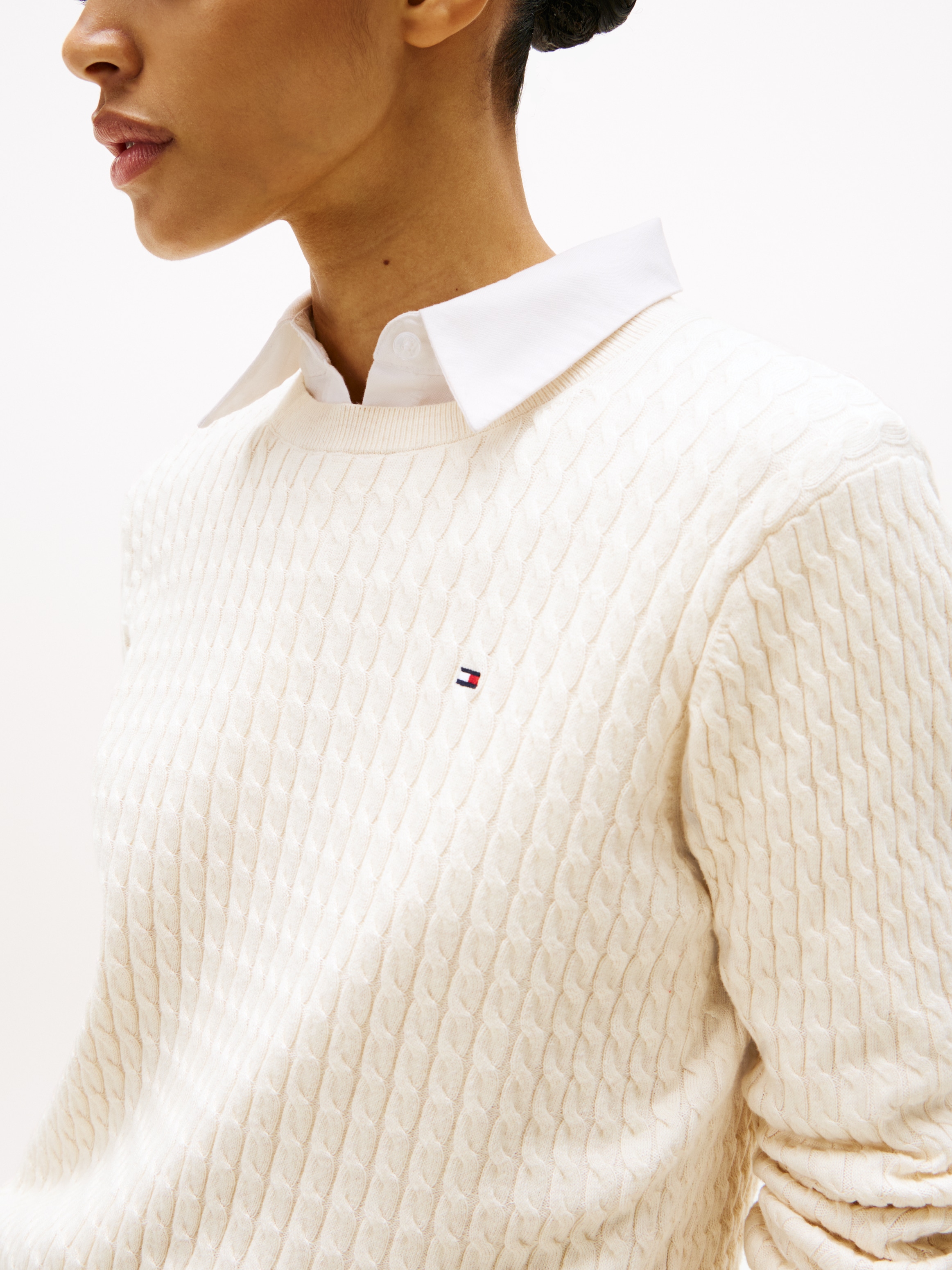 Tommy Hilfiger Pull à col rond »CO CABLE C-NK LS SWEATER« Baumwolle, mit Zopfmuster, Regular Fit