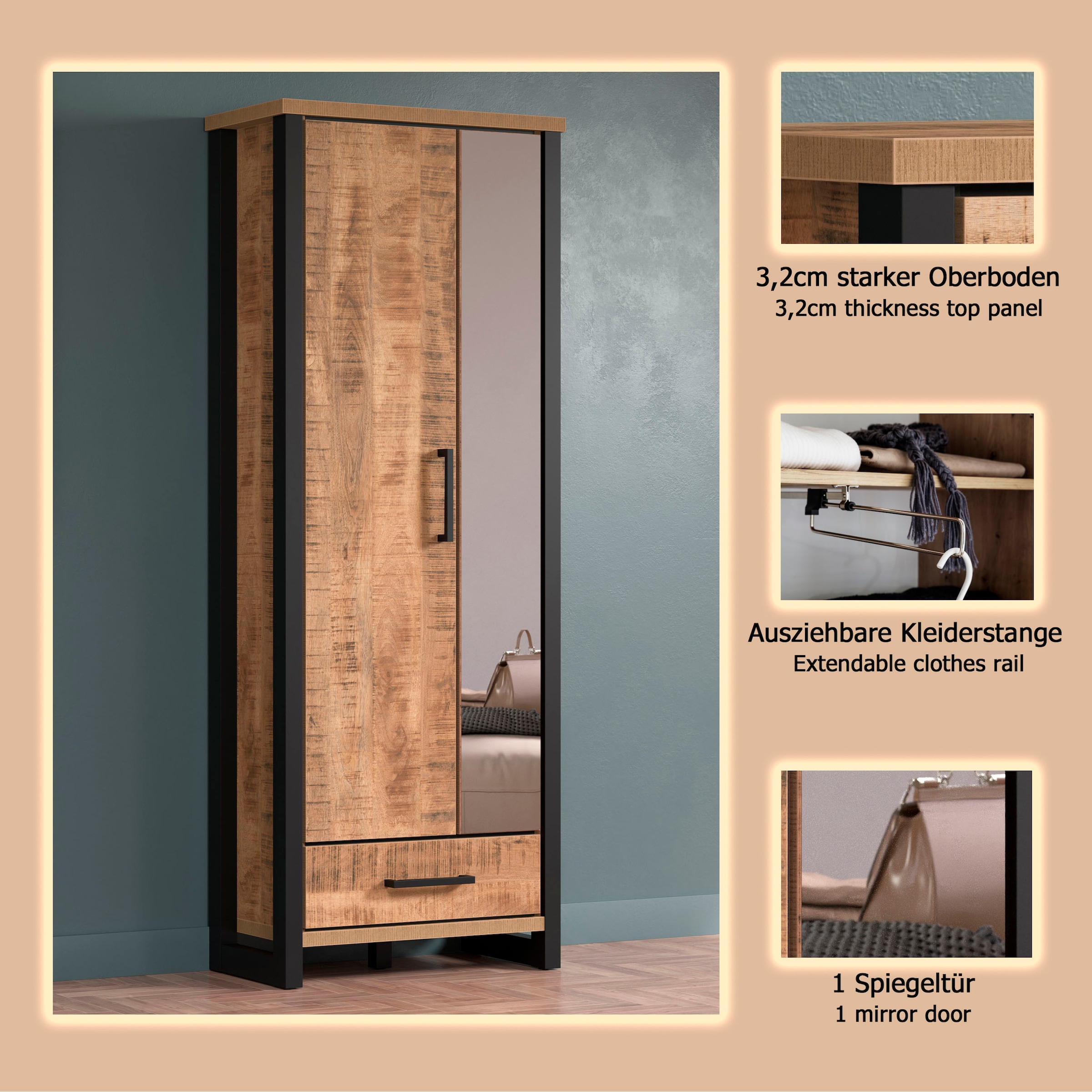 Home affaire Armoire vestiaire »Elda« 1 cuis tlg. Schrank mit ausziehbarer Kleiderstange, 2 Türen – (B/T/H) 73/39/195 cm