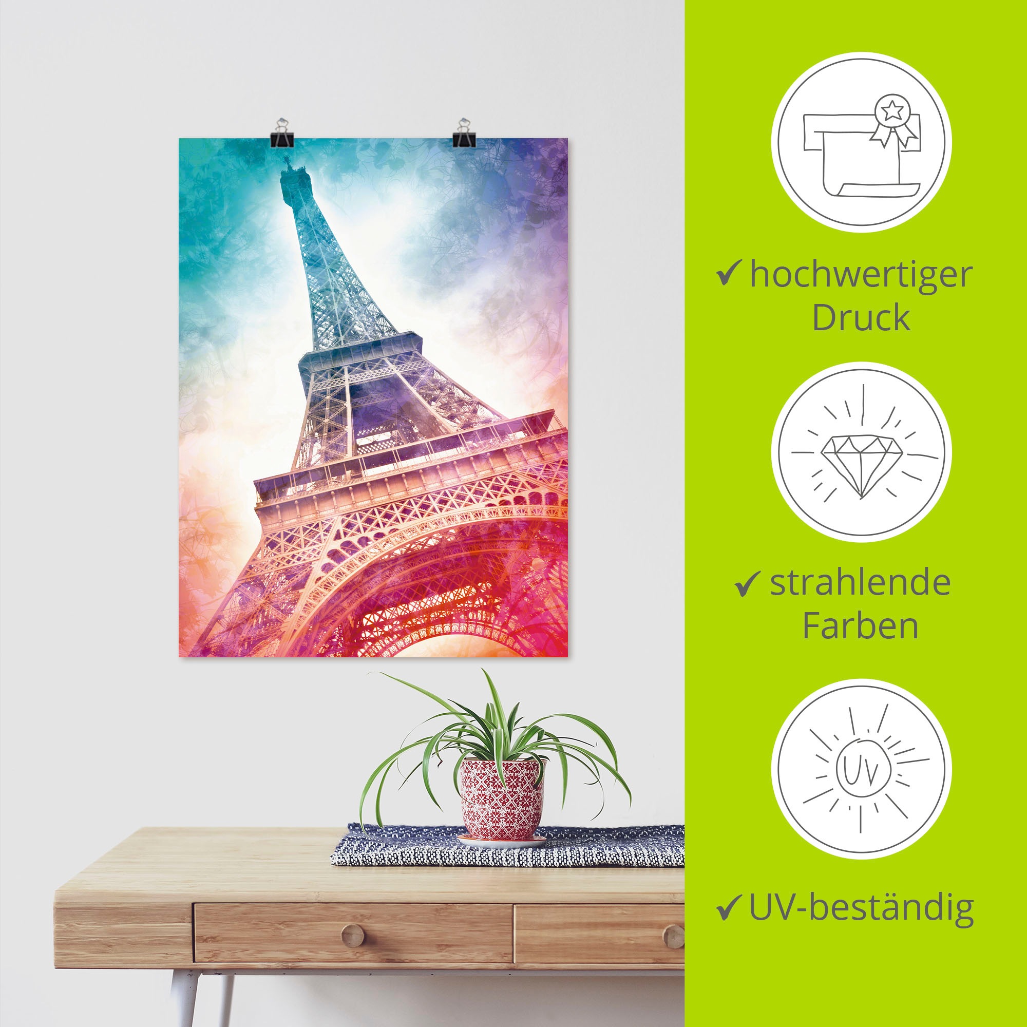 Artland Poster »Paris Eiffelturm II«, Gebäude, (1 St.), als Alubild, Leinwandbild, Wandaufkleber oder Poster in versch. Grössen