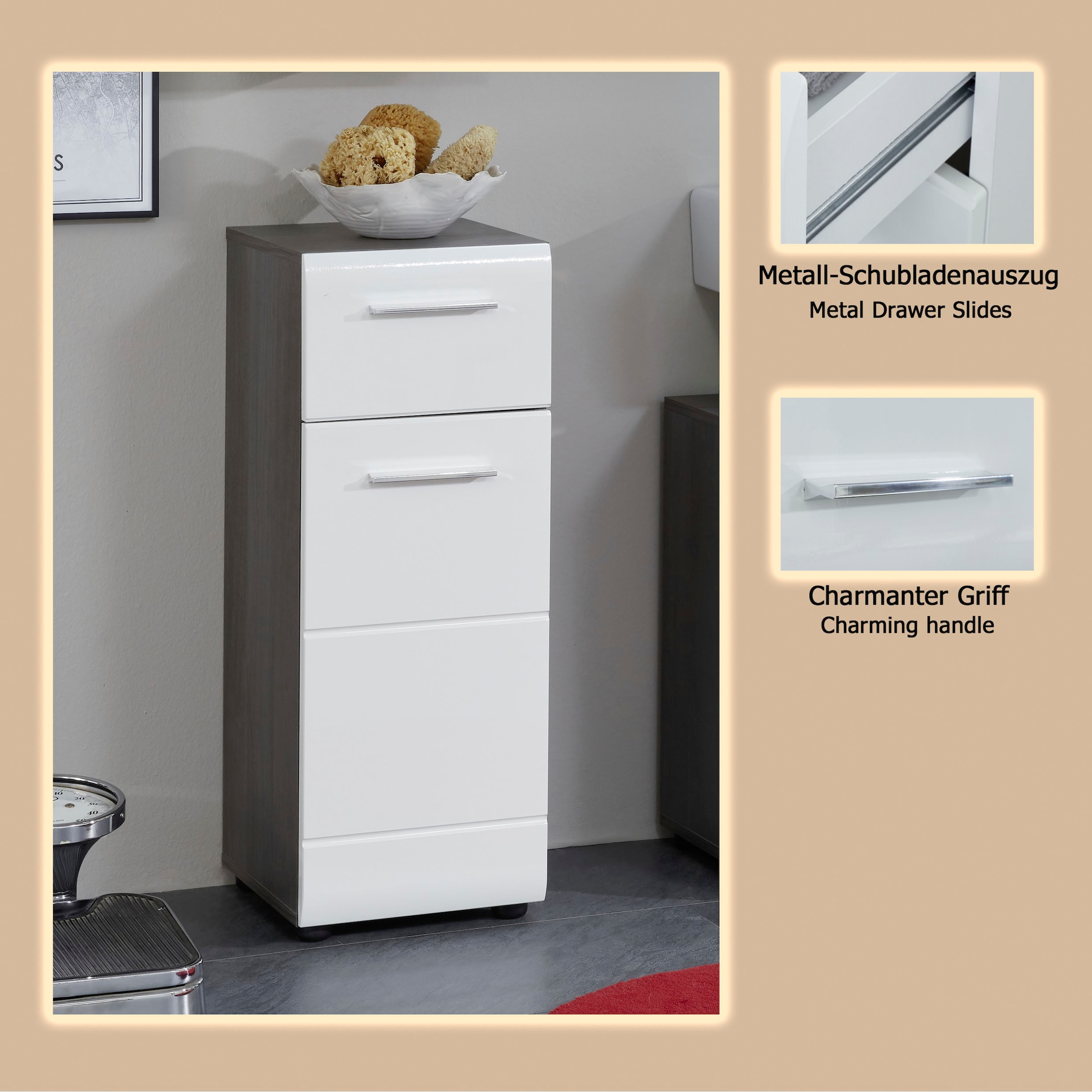 welltime Armoire basse »Sovana« commode de salle de bain avec façade laquée brillante et 1 tiroir - (L/P/H) 30/31/80 cm