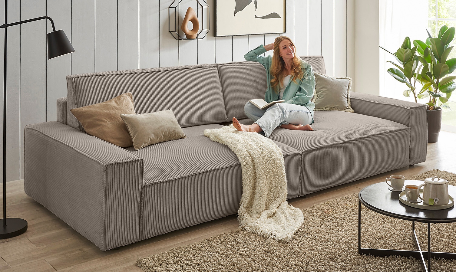 GOODproduct Big-Sofa »SHERWOOD XXL Cord, Big-Sofa (316cm), extra tiefe Sitzfläche 95 cm« bequemer Sitzkomfort, Cord u. Leinenoptik, Kedernaht