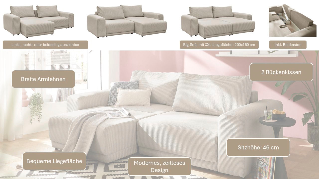 GOODproduct Schlafsofa »PHEELIX Cord, mit 3 Funktionen« Elemente einzeln oder gleichzeitig ausziehbar, bequemer Sitzkomfort