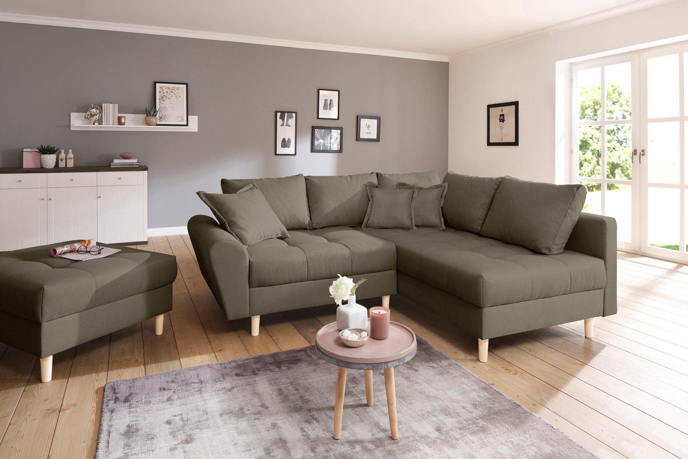 Ecksofa »Rice L-Form«, (Set, mit Hocker), mit Hocker, Massivholzfüsse und...