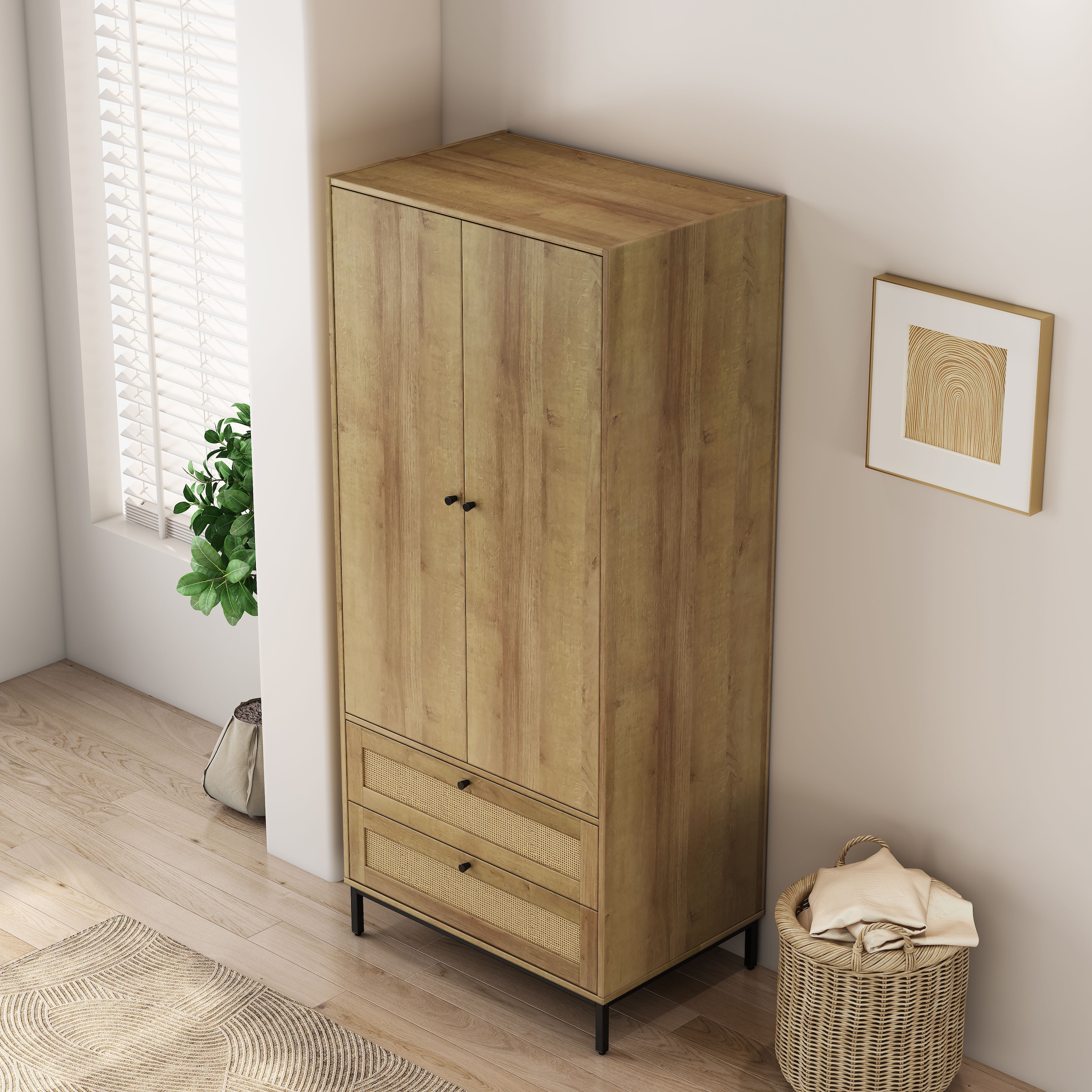 GOODproduct Armoires à vêtements »Motala Schlafzimmerschrank Garderobe Boho Eichen-Design Bestseller« Moderne schwarze Griffe, Schublade mit Geflecht,  Schlafzimmerschrank mit 2 Türen und 2 Schubladen