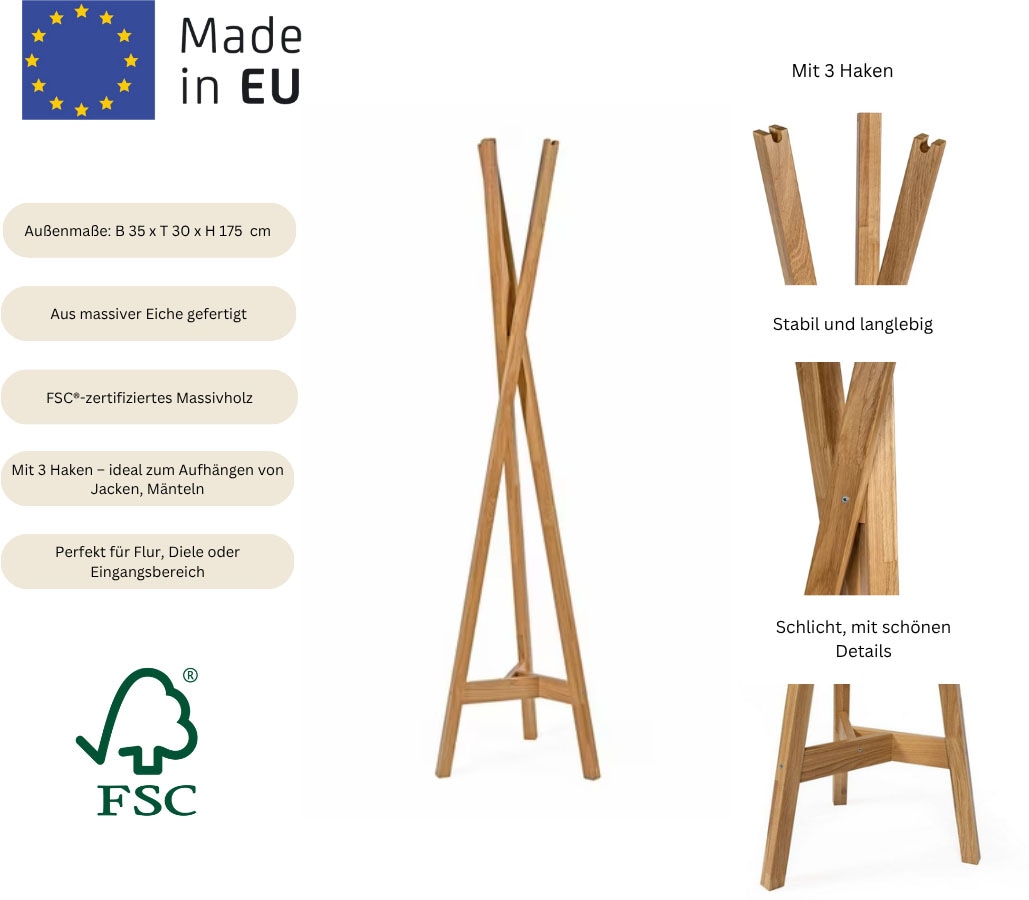 andas Garderobenständer im skandinavian Design, aus Eiche massiver Eiche, FSC®