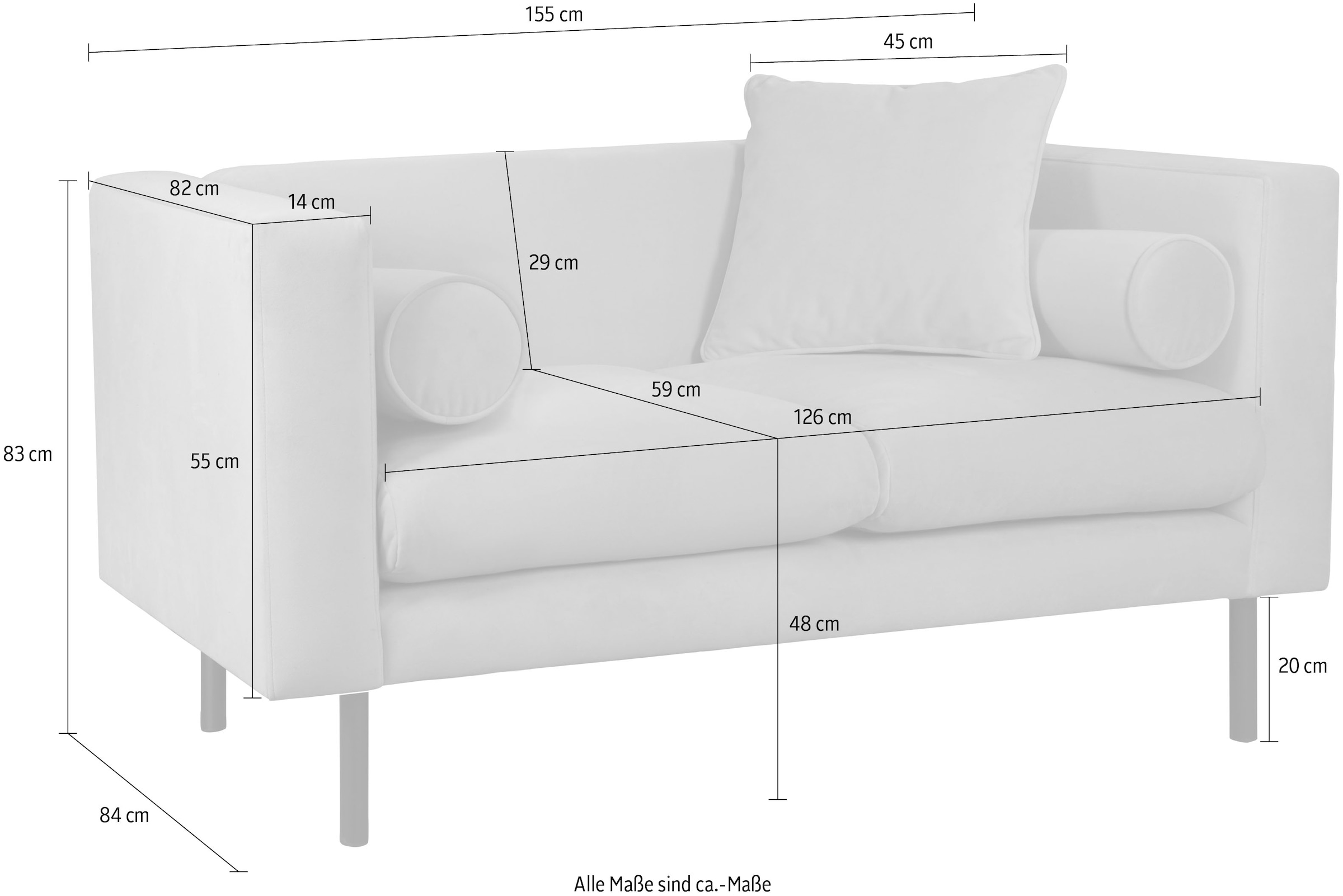 Guido Maria Kretschmer Home&Living 2-Sitzer »Lillibeth Designsofa mit Wellenunterfederung, Masse B/T/H: 155/74/83 cm«, Zierkissen als Wendekissen, in Samtoptik oder Cord
