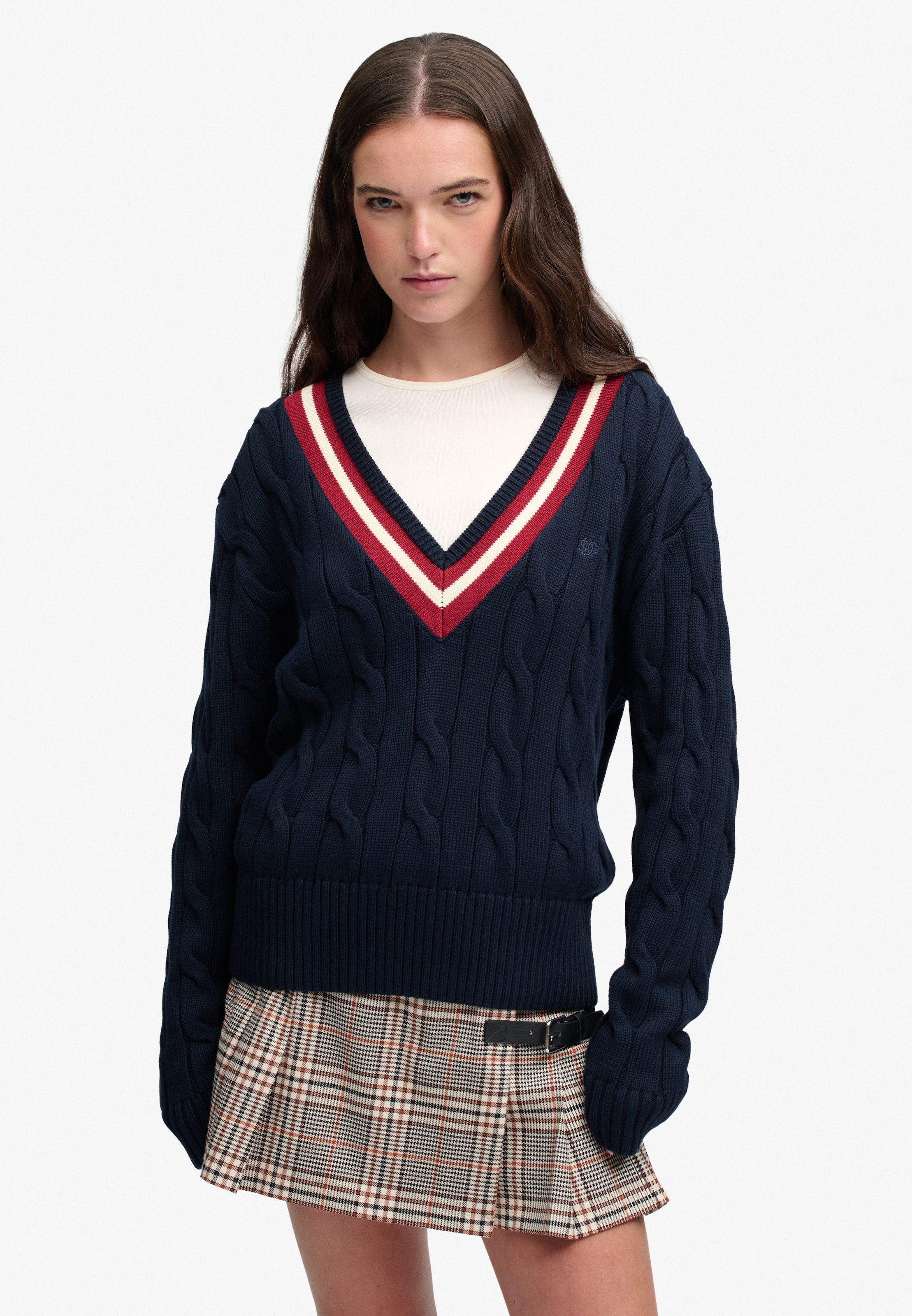 Superdry Pull col V »CLASSIC CABLE CRICKET KNIT« Baumwolle, loose fit