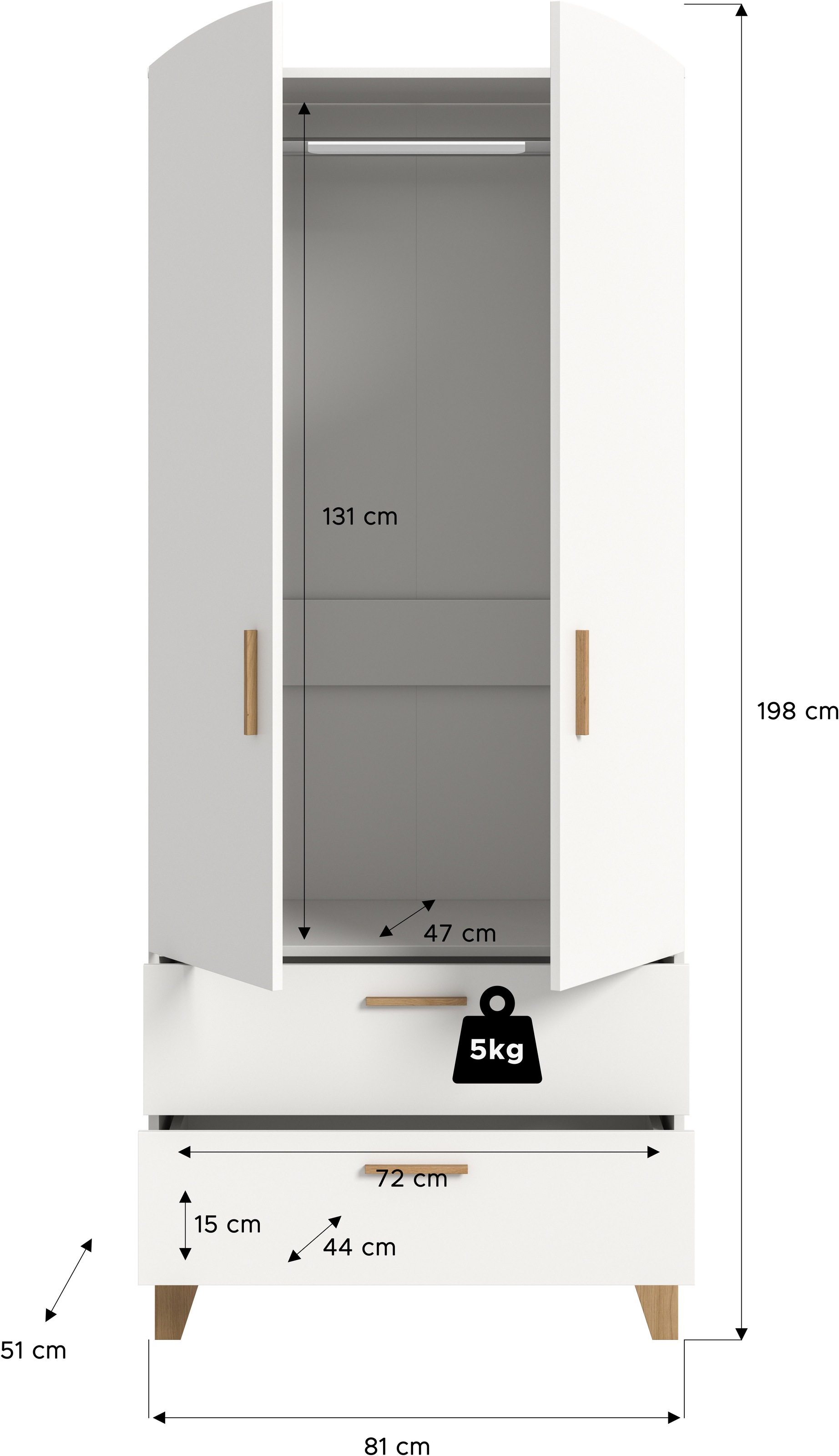 Home affaire Kleiderschrank »LASSE, Schlafzimmerschrank, Garderobe, Schrank« in verschiedenen Breiten erhältich, im Scandi-Look, 1 Stk. tlg. 2 Türen, 2 Schubkästen, 1 Konstruktionsboden, 1 Kleiderstange