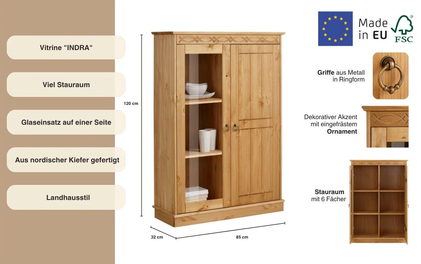 Home affaire Highboard »Indra«, Vitrine, Breite 85 cm, aus massiver Kiefer