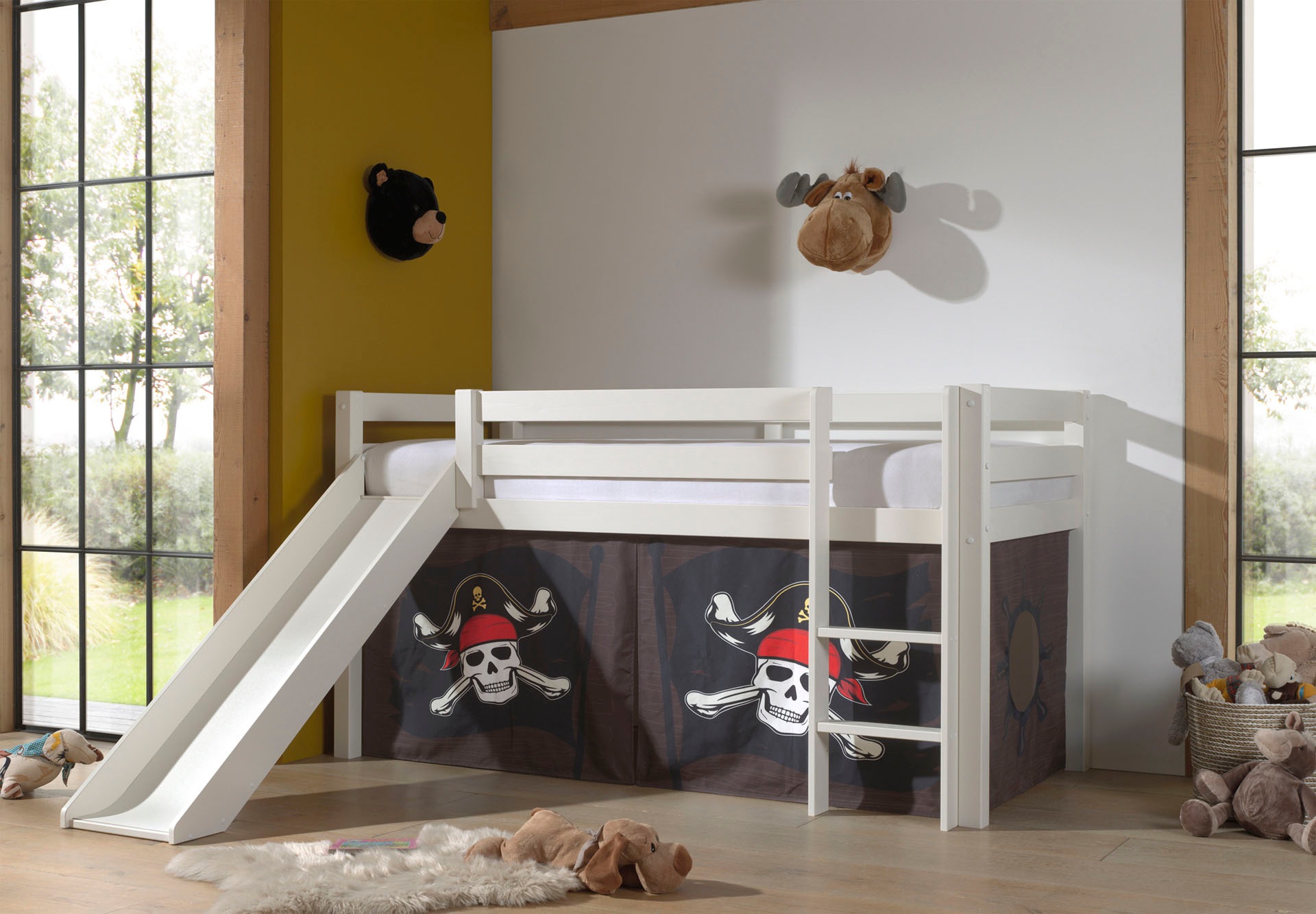 Vipack pino lit mezzanine avec toboggan + rideau de lit en 4 parties pirates