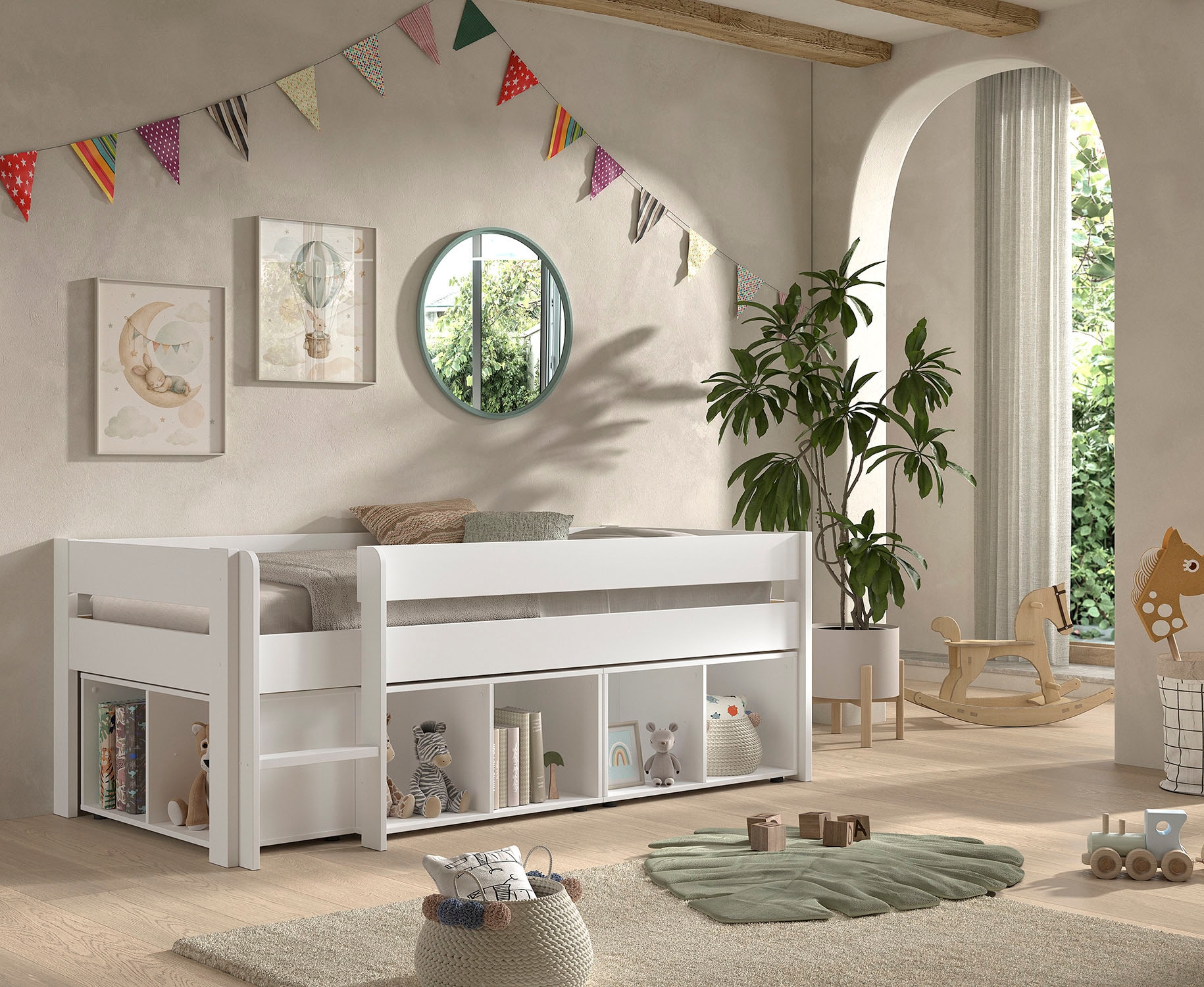 Vipack Lit de rangement »Primo, mit Absturzschutz, niedriger Bauhöhe ideal unter Dachschrägen« Pin blanc, incl. sommier à lattes roulant, option sans ou avec glissière