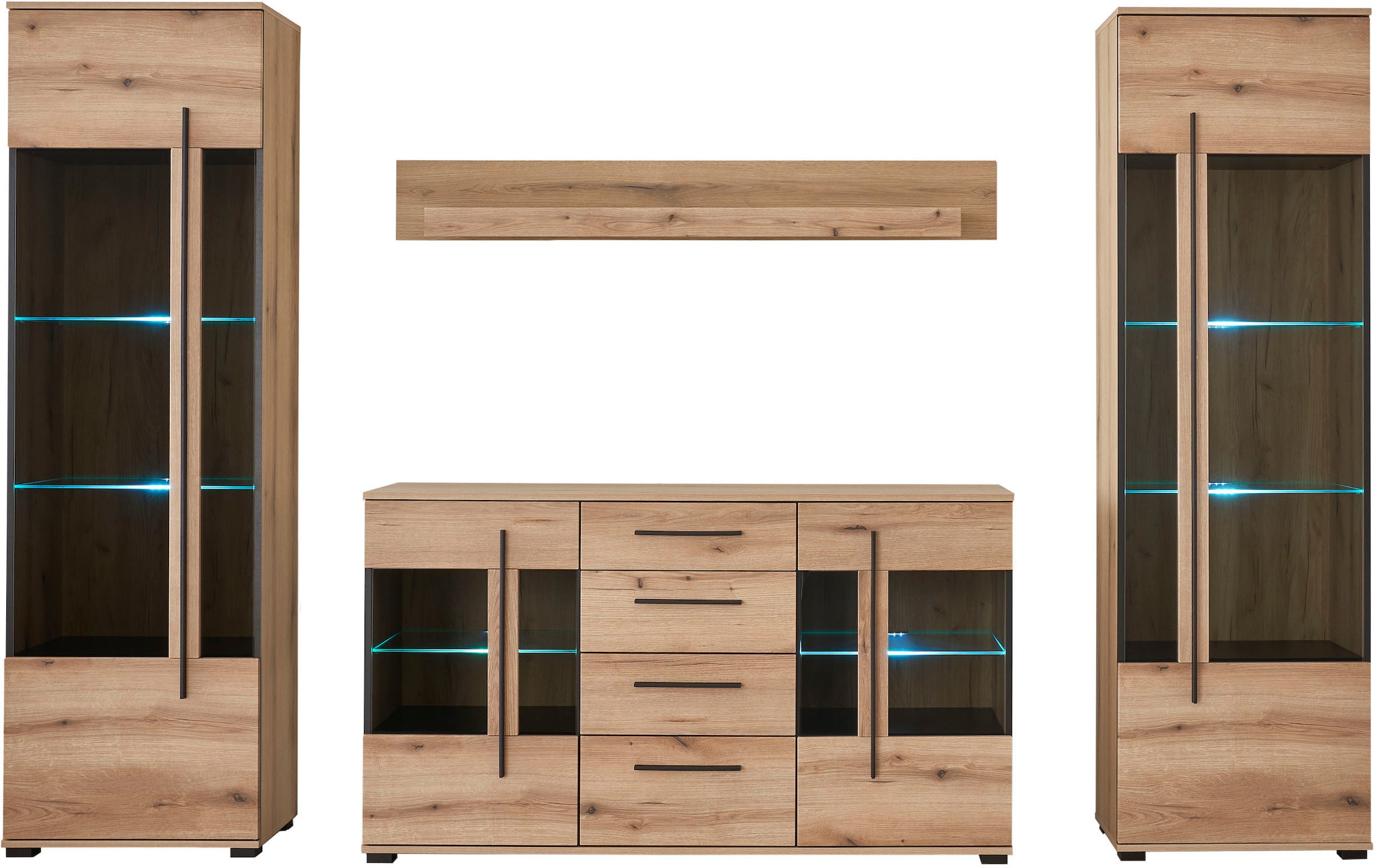 INOSIGN Wohnwand »Cantara, moderne Anbauwand, Wohnzimmer-Set, in Eiche Evoke oder Weiss«, (Set), enthält zwei Vitrinen, ein Sideboard und ein Wandboard