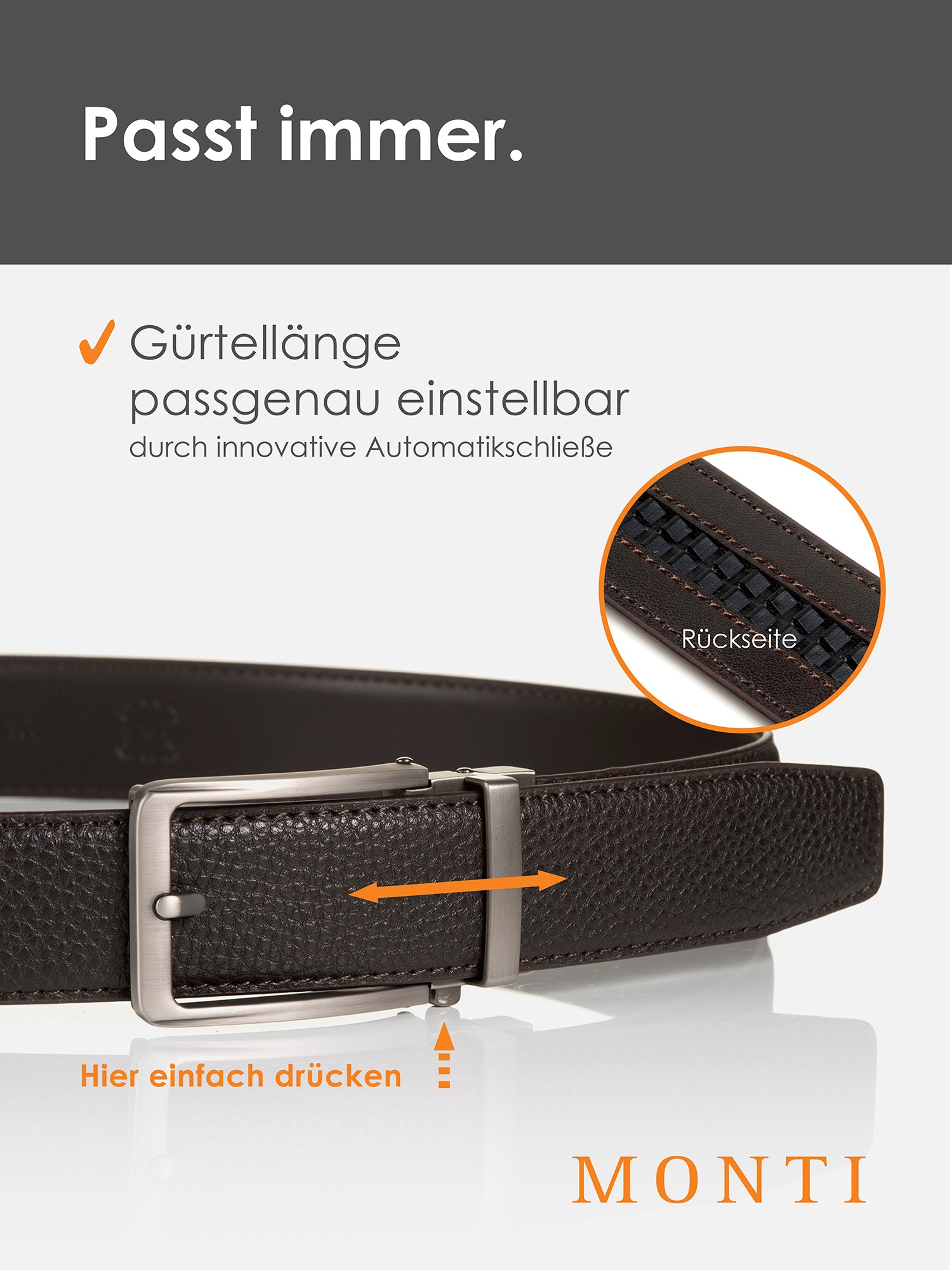 MONTI Ledergürtel, 3,5 cm breit, Klassisch-Business, Automatikschliesse - Passt immer