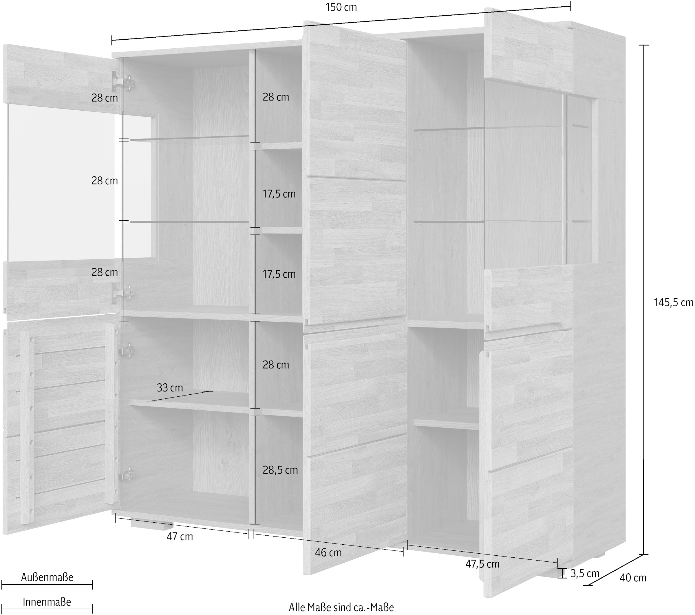 GOODproduct Buffet haut »VETRO Teilmassiv, Fronten Massivholz, Wohnzimmer, Stauraum,Griffmulde« B/T/H:150/40/1445,5cm, 15geschlossene Fächer,verstellbare Einlegeboden