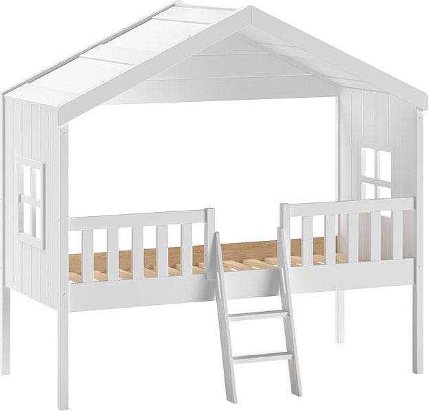 Vipack Hausbett »Kiefer massiv weiss lackiert, Made in Europe, stabil gebaut« B/H/T ca. 213x201,8cm, wahlweise mit und ohne Rutsche,  mit Leiter, seitliche Fenster, Rolllattenrost und Absturzschutz