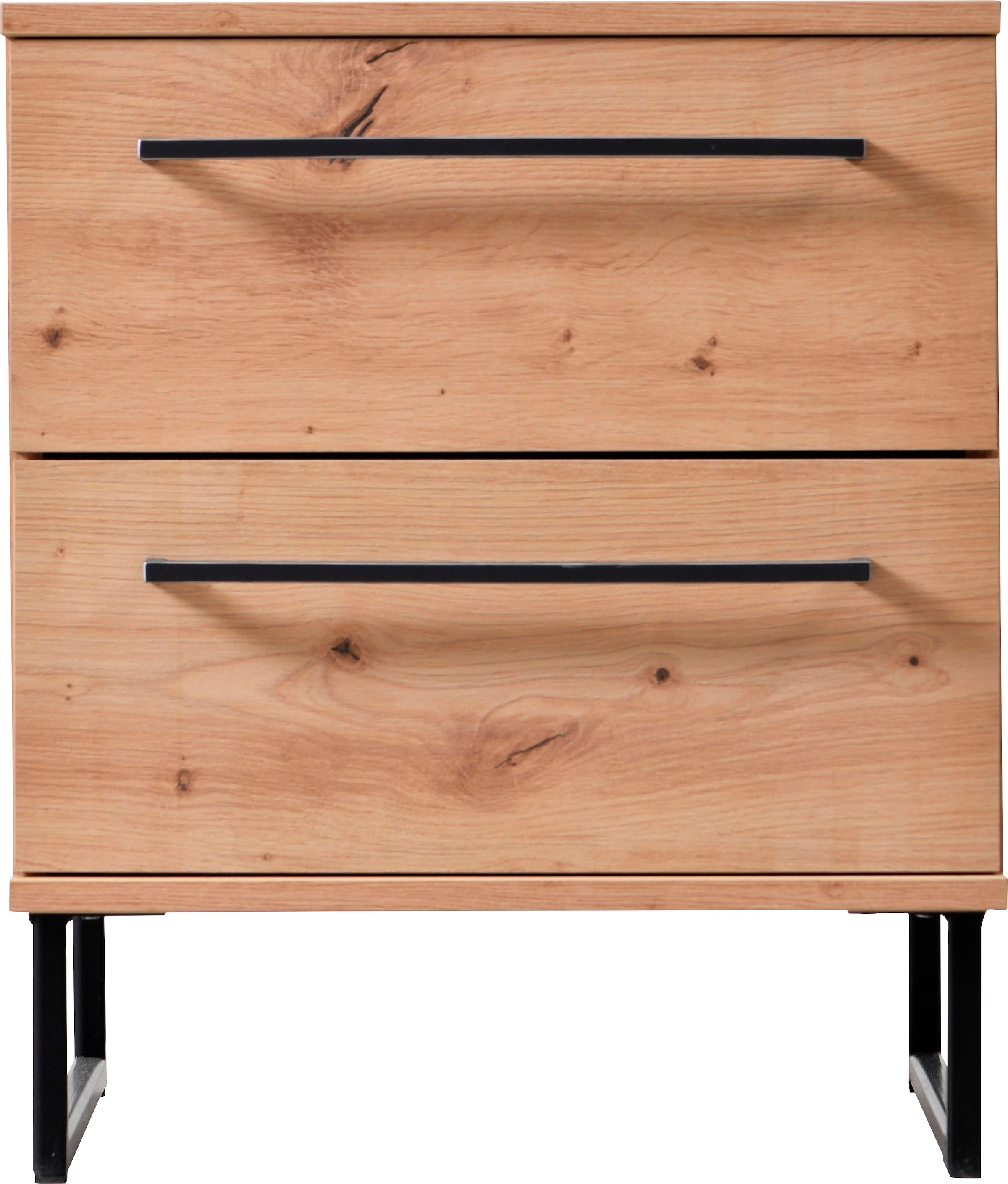 INOSIGN Nachtkommode »Sardinia, Nachtschrank, Masse (B/T/H): 45,5/35/54 cm«, (FSC-zertifizierter Holzwerkstoff), mit 2 Schubladen, Metallgriffe und Metallfüsse in Kufenform