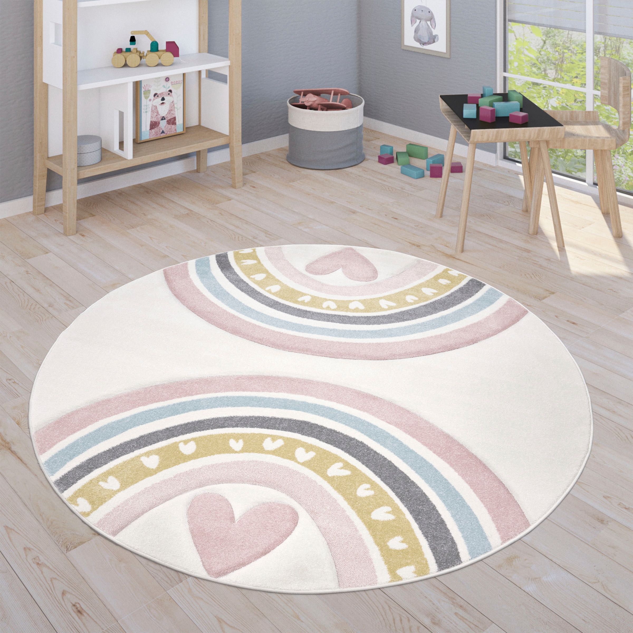 Image of Paco Home Kinderteppich "Cosmos 351" rund 16 mm Höhe Kurzflor, Spielteppich, Motiv Regenbogen & Herz, Kinderzimmer