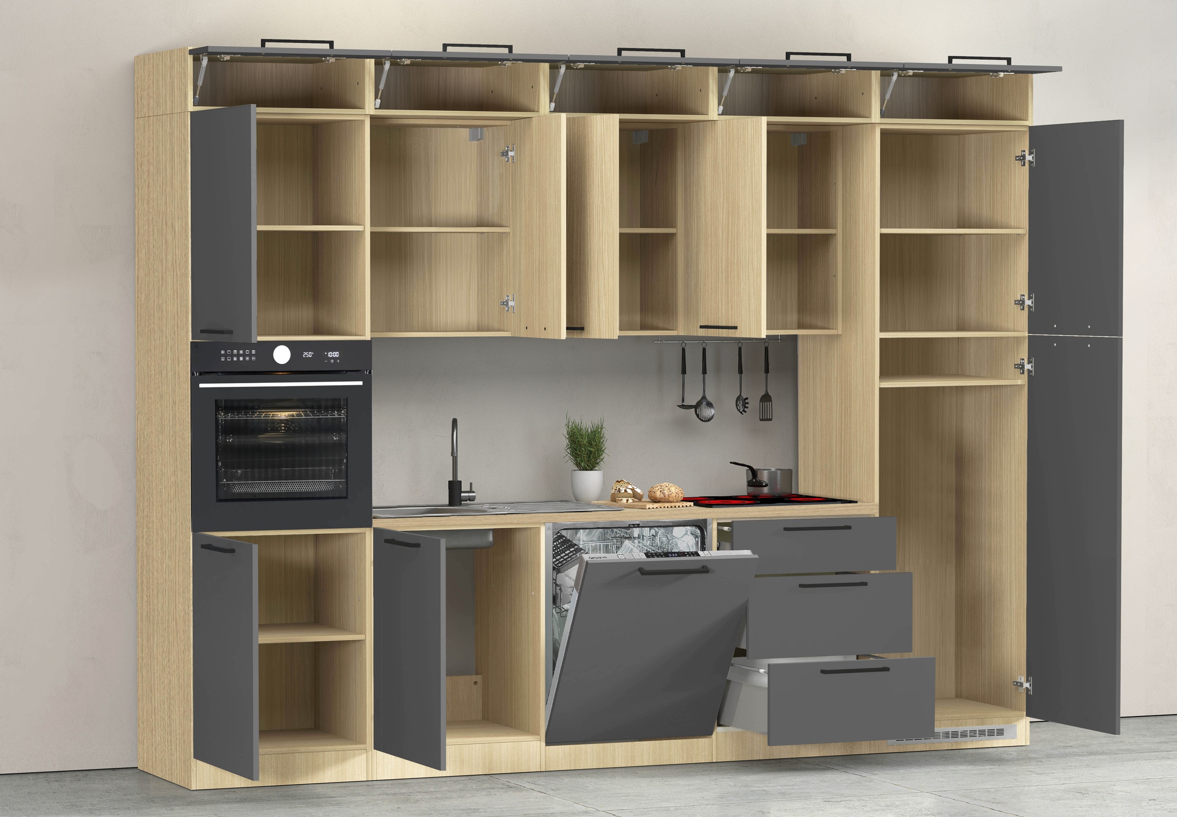 KOCHSTATION Kitchenette »Luna, Einbauküche, Zeilenküche, mit Soft-Close Funktion, Made in Italy« Breite 300 cm ohne E-Geräte, mit Spüle+Siphon und Aufsatz