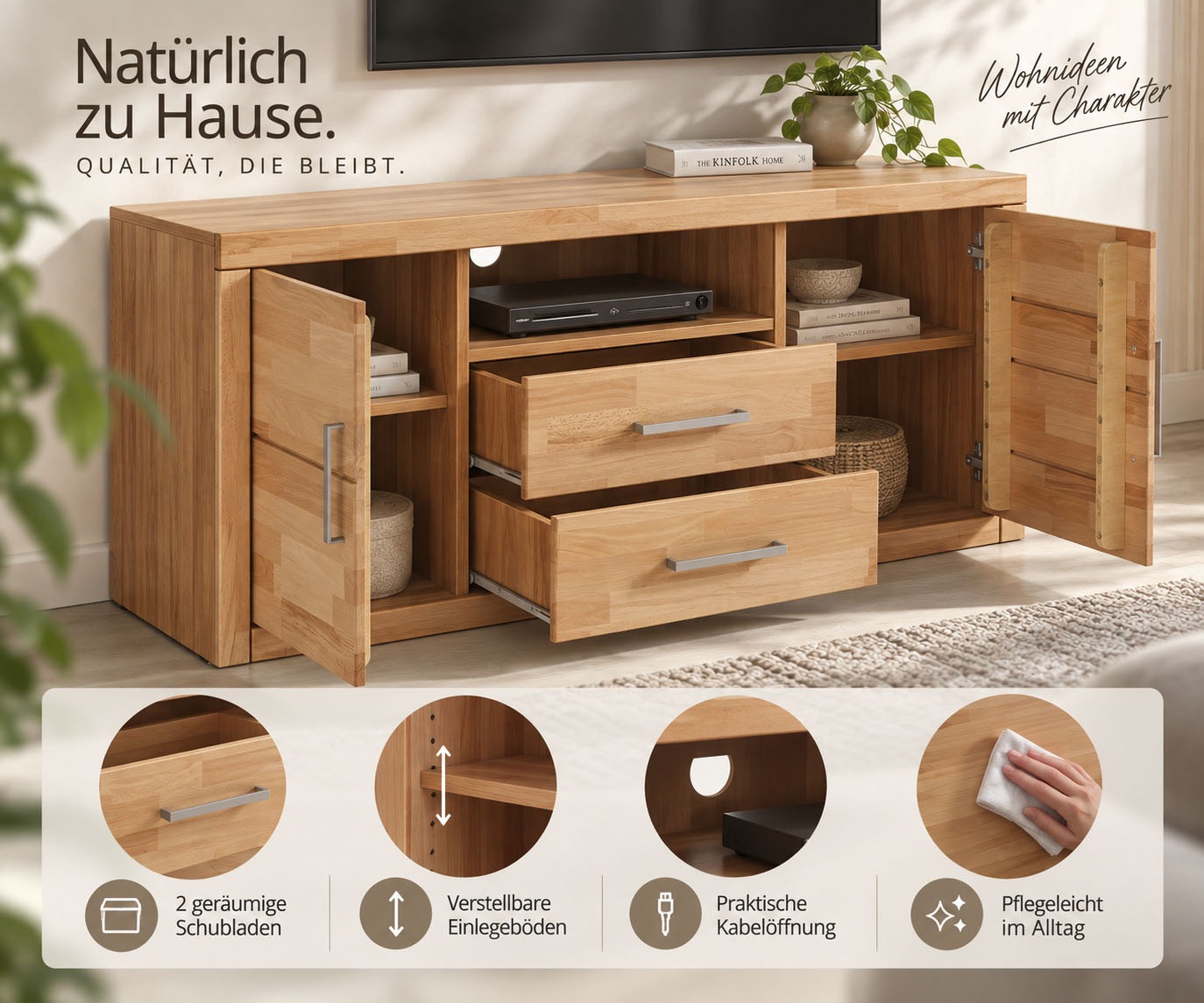 GOODproduct Table basse »Logo,130cm breit, Fronten Massivholz,5 Fächer« bois massif, panneaux dérivés du bois, poignées en métal, 2 portes, 2 tiroirs