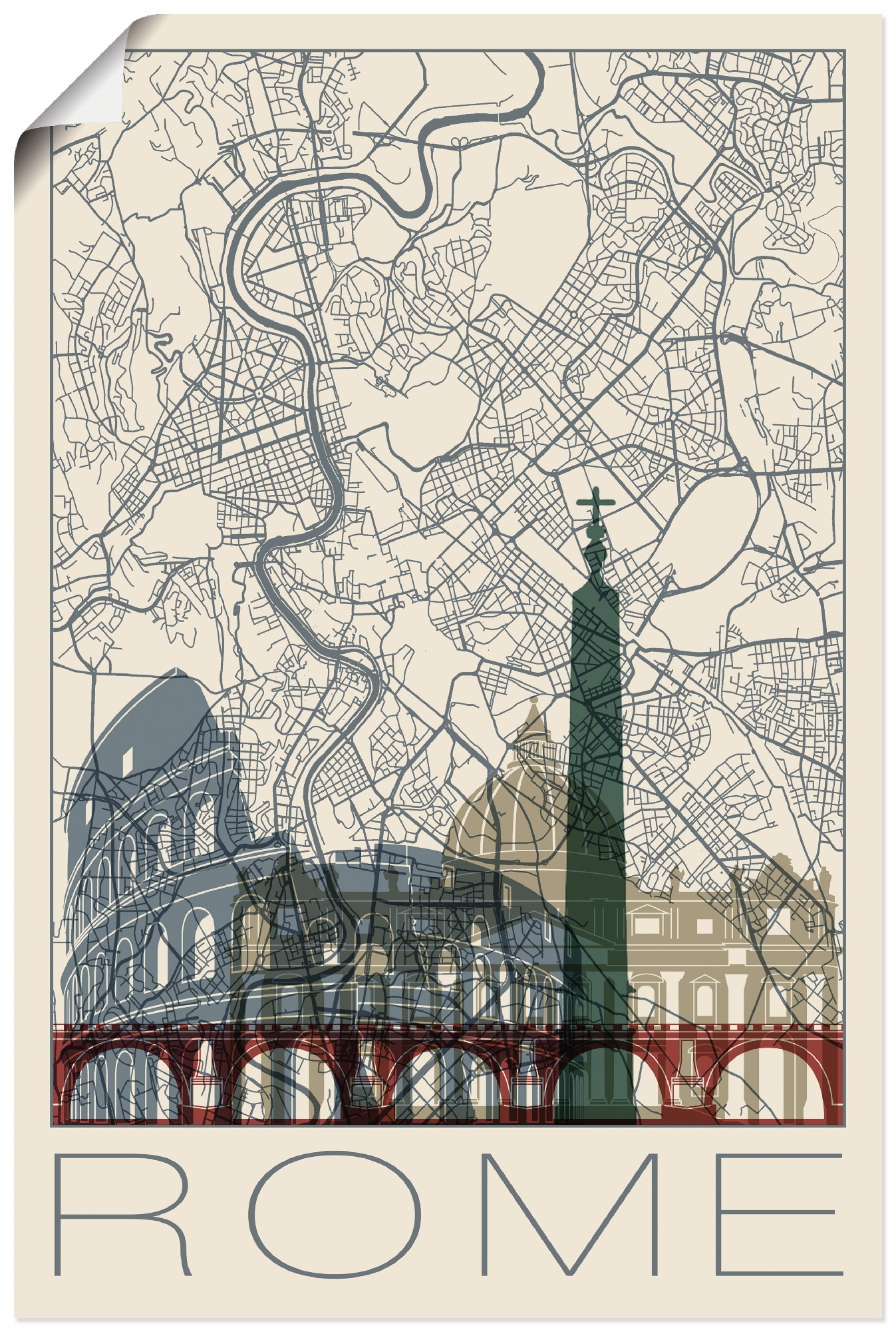 Image of Artland Poster "Retro Karte Rom Italien und Skyline" Italien 1 Stk. tlg. ohne Rahmen