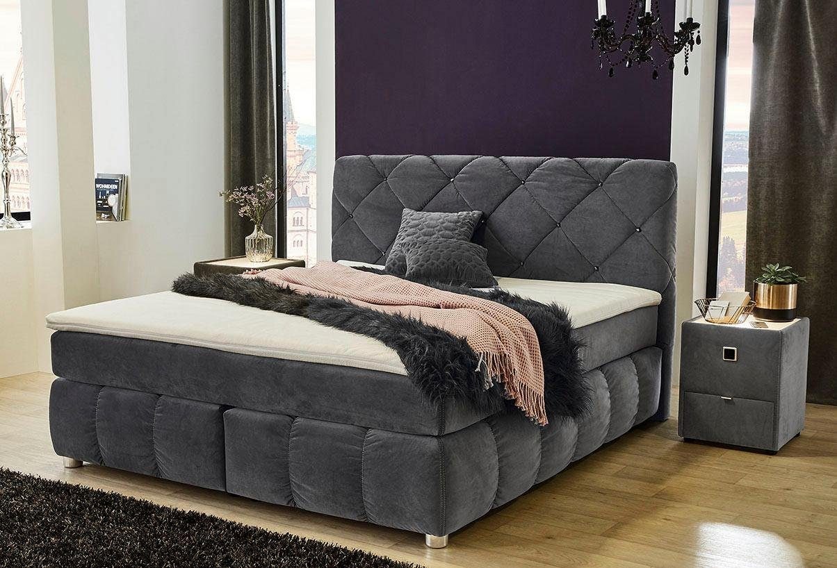 Image of Jockenhöfer Gruppe Boxspringbett "BELLA inkl. 7-Zonen-TTFK-Matratze H3" Kaltschaum-Topper, Kopfteil mit Rauchglas-Steinen, 140/180 cm x200 cm