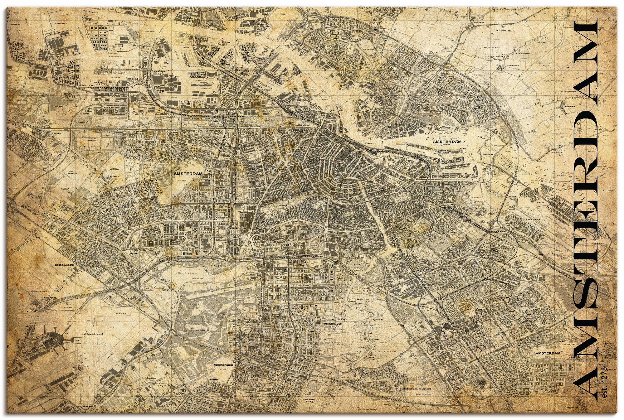 Image of Artland Wandbild »Amsterdam Karte Strassen Karte Sepia«, Niederlande, (1 St.), in vielen Grössen & Produktarten - Alubild / Outdoorbild für den Aussenbereich, Leinwandbild, Poster, Wandaufkleber / Wandtattoo auch für Badezimmer geeignet bei Ackermann Vers