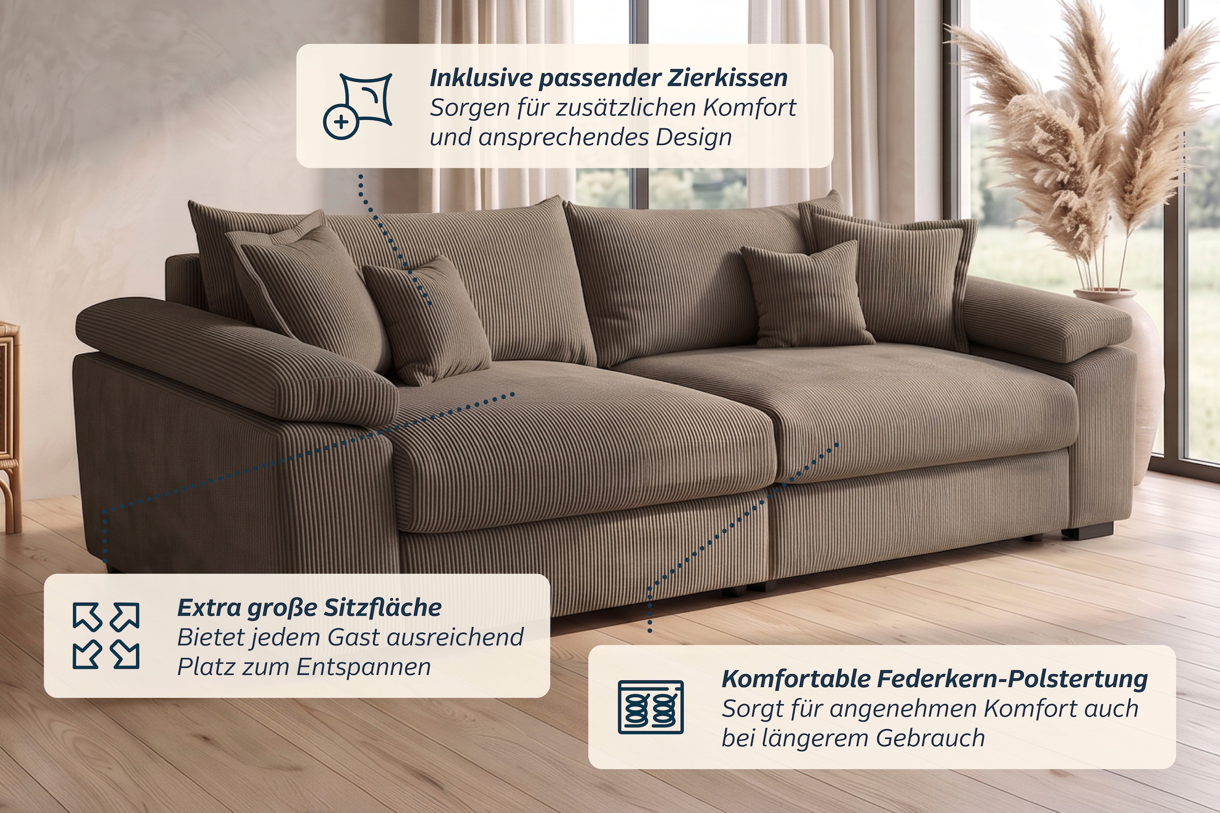 GOODproduct Canapé Big »Soft&Cosy XL, B: 246 cm - OTTO. Verlässliche Qualität.« Mega-canapé, structure en velours côtelé ou chenille, avec ressorts et 4 coussins décoratifs