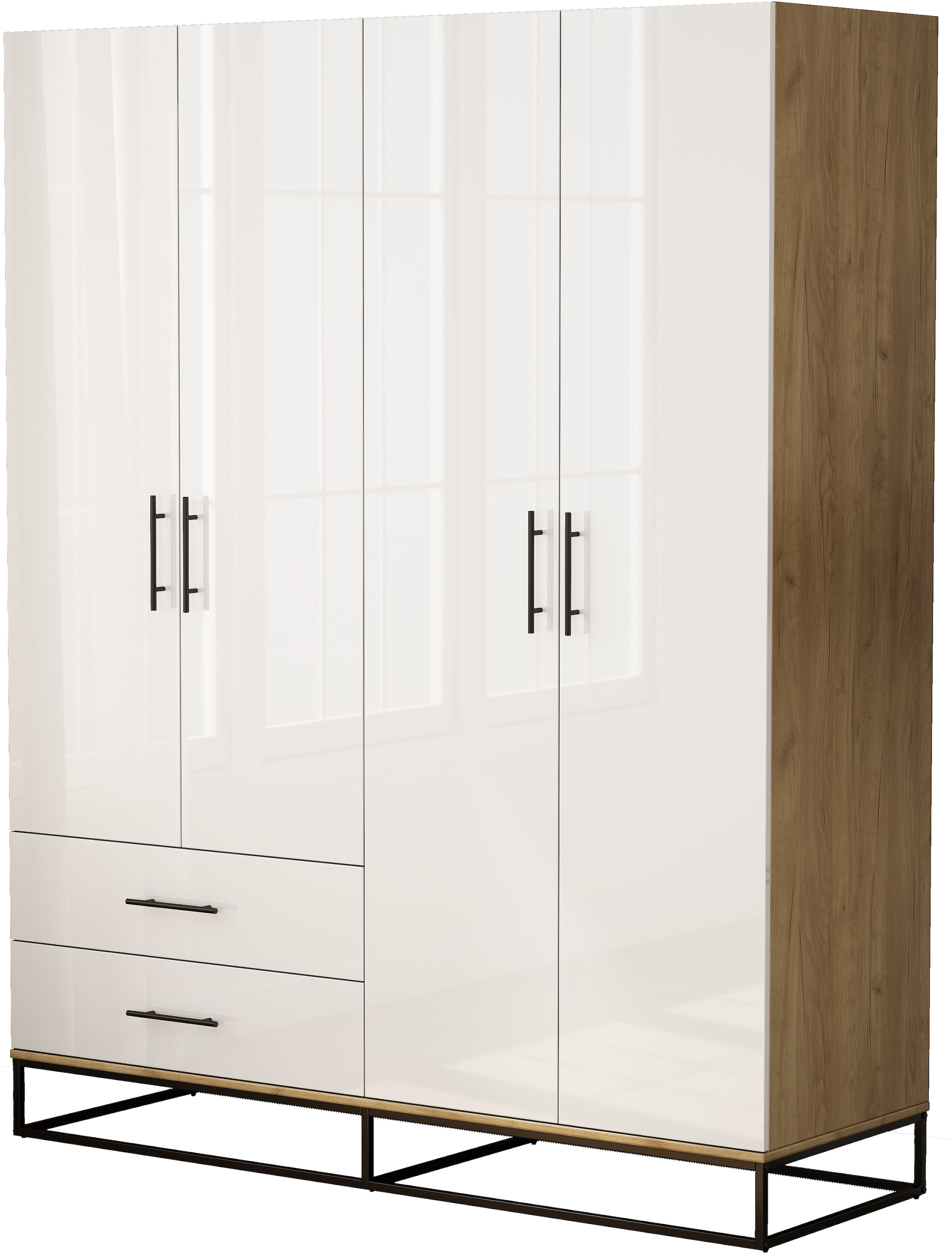 GOODproduct Kleiderschrank »Lucca Schlafzimmerschrank Garderobe Hochglanz Bestseller« Schwarze Griffe und Kufengestell aus Metall,  Schlafzimmerschrank mit 4 Türen und 2 Schubladen, Breite 160cm