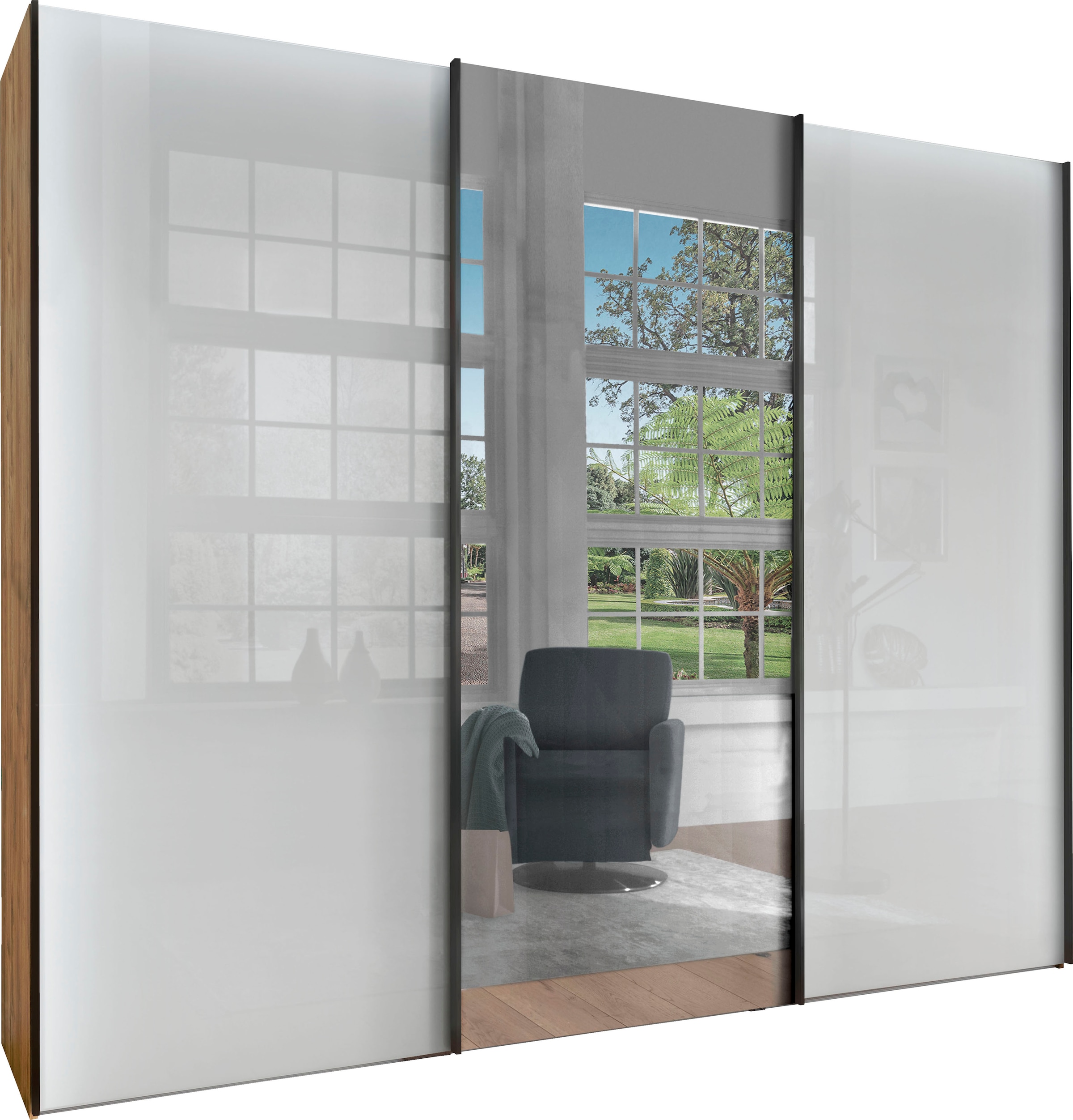 Image of WIEMANN Schwebetürenschrank "Monaco, Kleiderschrank, Schrank, Wäscheschrank, mit Schiebetüren" 2 Breiten, 2 Höhen 216/236 cm auswählbar, MADE IN GERMANY, hochwertige Glas- und Spiegelfront, variable Inneneinteilung