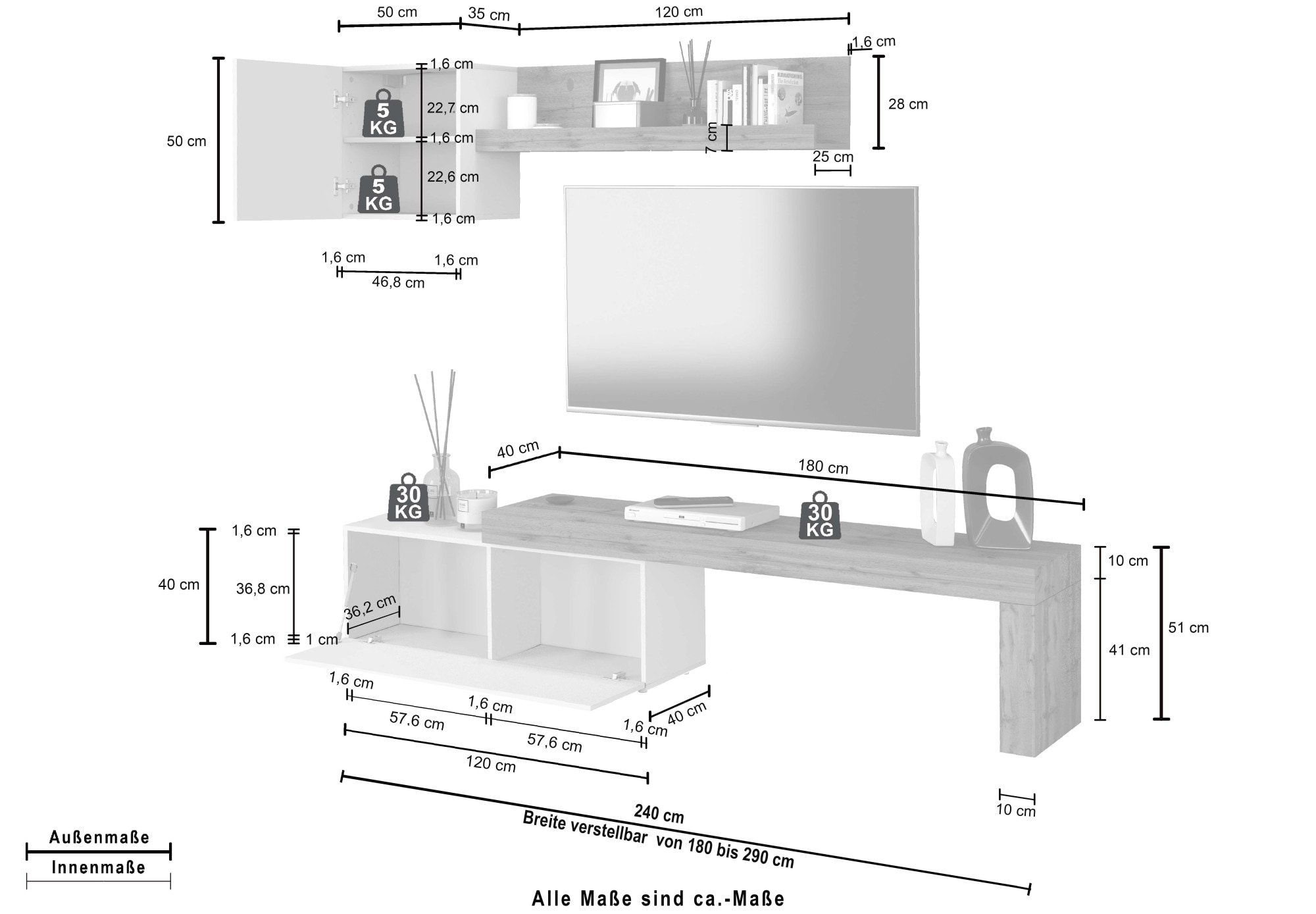 INOSIGN TV-Wand »Chronos TV-Set, Wohnwand – Elemente frei platzierbar, Made in Italy« Set, 3-er set, 3 Stk. tlg.