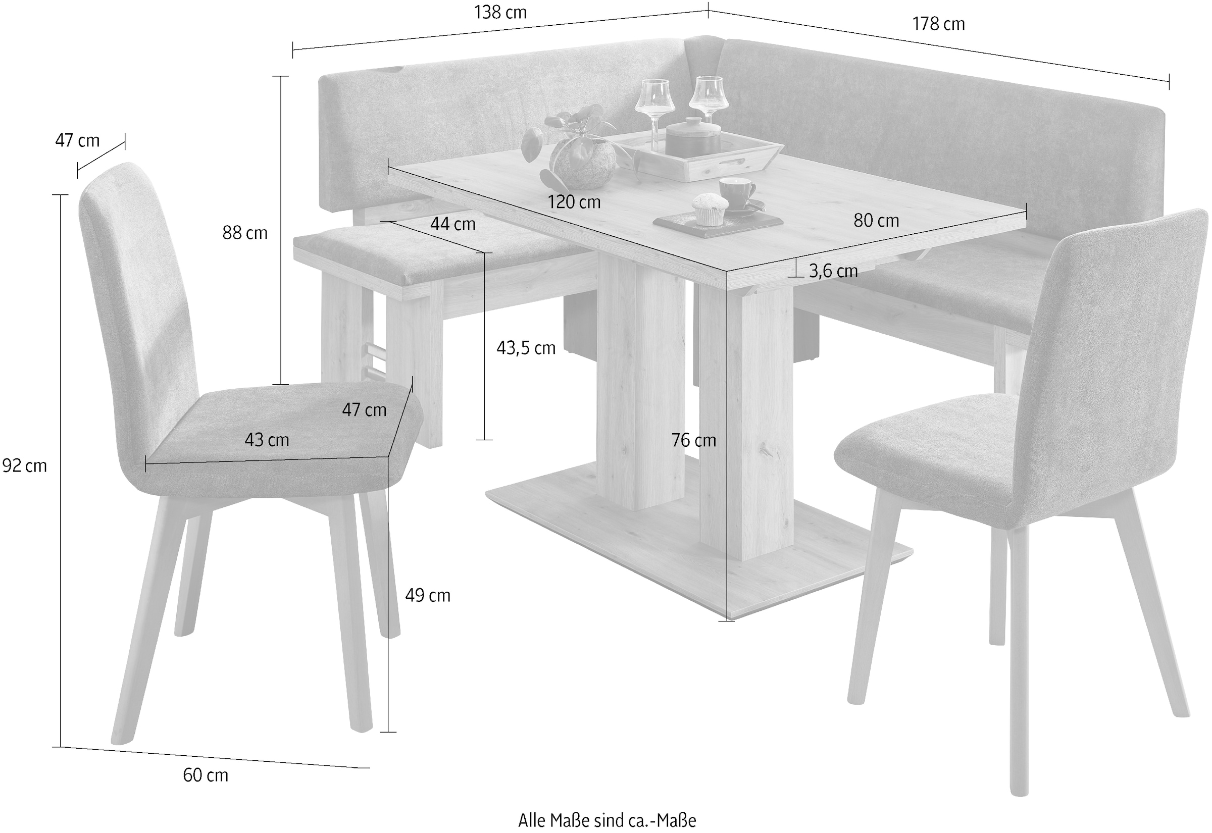 massivline&more Ensemble de bancs d'angle »Enns, Eckbank mit Tisch und Stühlen, Sitzecke, Eckbank Garnitur« 4 cuis tlg. réglable