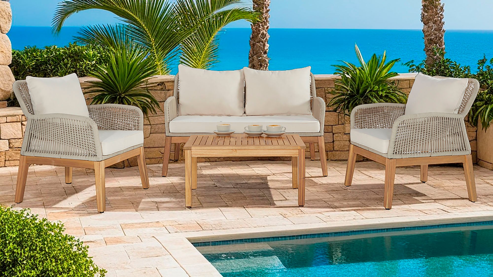 byLIVING Gartenlounge-Set »FLORDIA«, (Set, 11 tlg., Loungeset, Gartenmöbel-Set, FSC®-zertifiziertes Massivholz), mit Holzuntergestell, hochwertigem Bandgeflecht und gemütlichen Kissen