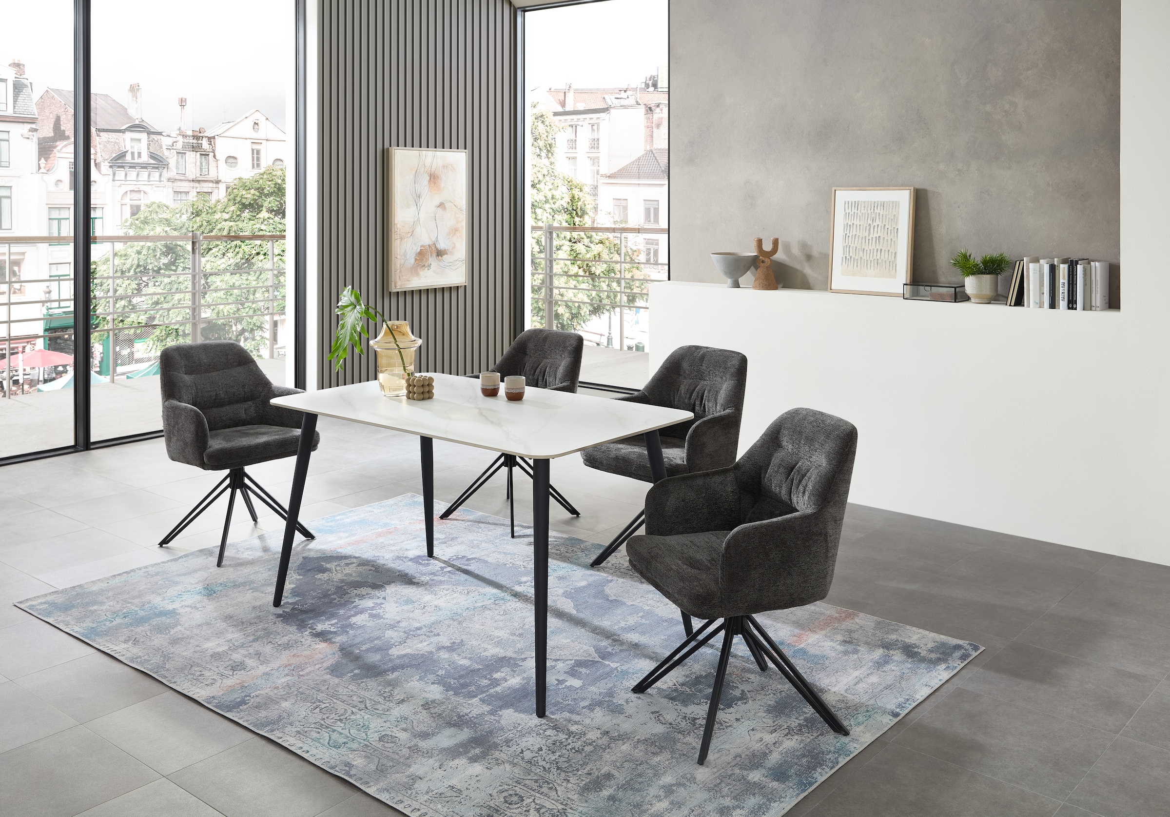 Stolkom Esstisch »Cody Esszimmertisch Keramik, Weiss marmoriert, BxHxT 140x76x80 cm«, Keramikoberfläche weiss marmoriert, 4-Fuss Gestell Schwarz matt