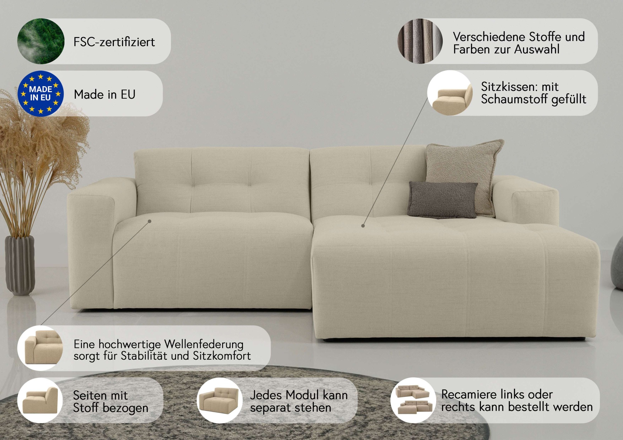 INOSIGN Ecksofa »Tapley«, Breite 221 cm, L-Form, Struktur fein, mit Knopfsteppung, bodentief