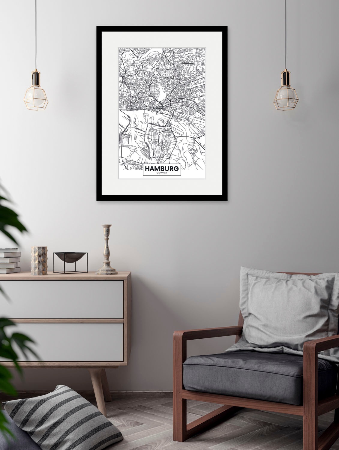 Image of queence Bild "Hamburg Stadtkarte" Deutschland Gebäude Hamburg Schriftzug Stadt Städte 1 Stk. tlg. HD Premium Poster-Druck inkl. Holzrahmen