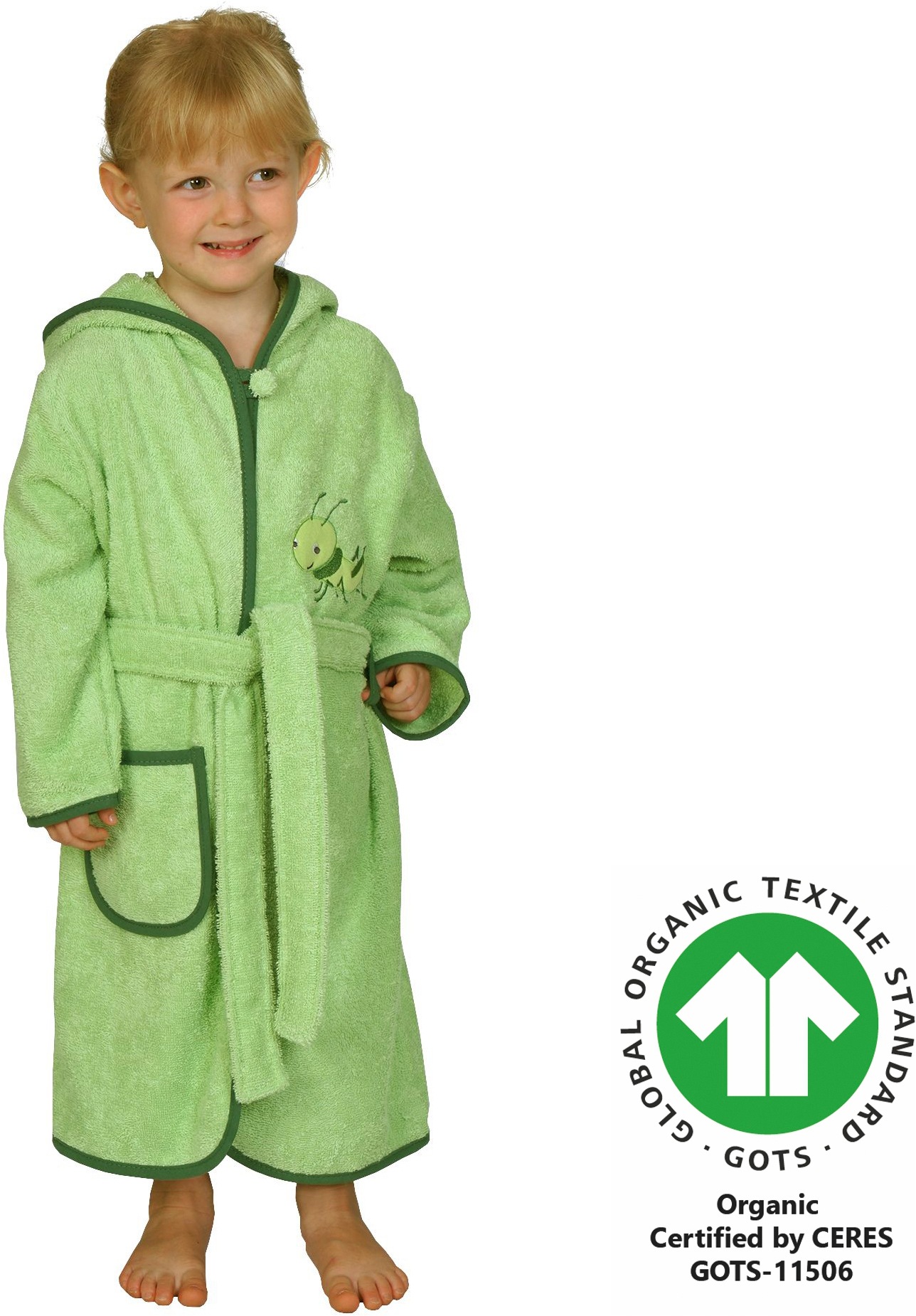 Wörner Peignoir de bain pour enfants »Grashüpfer hellgrün« coton bio, avec broderie, avec poche